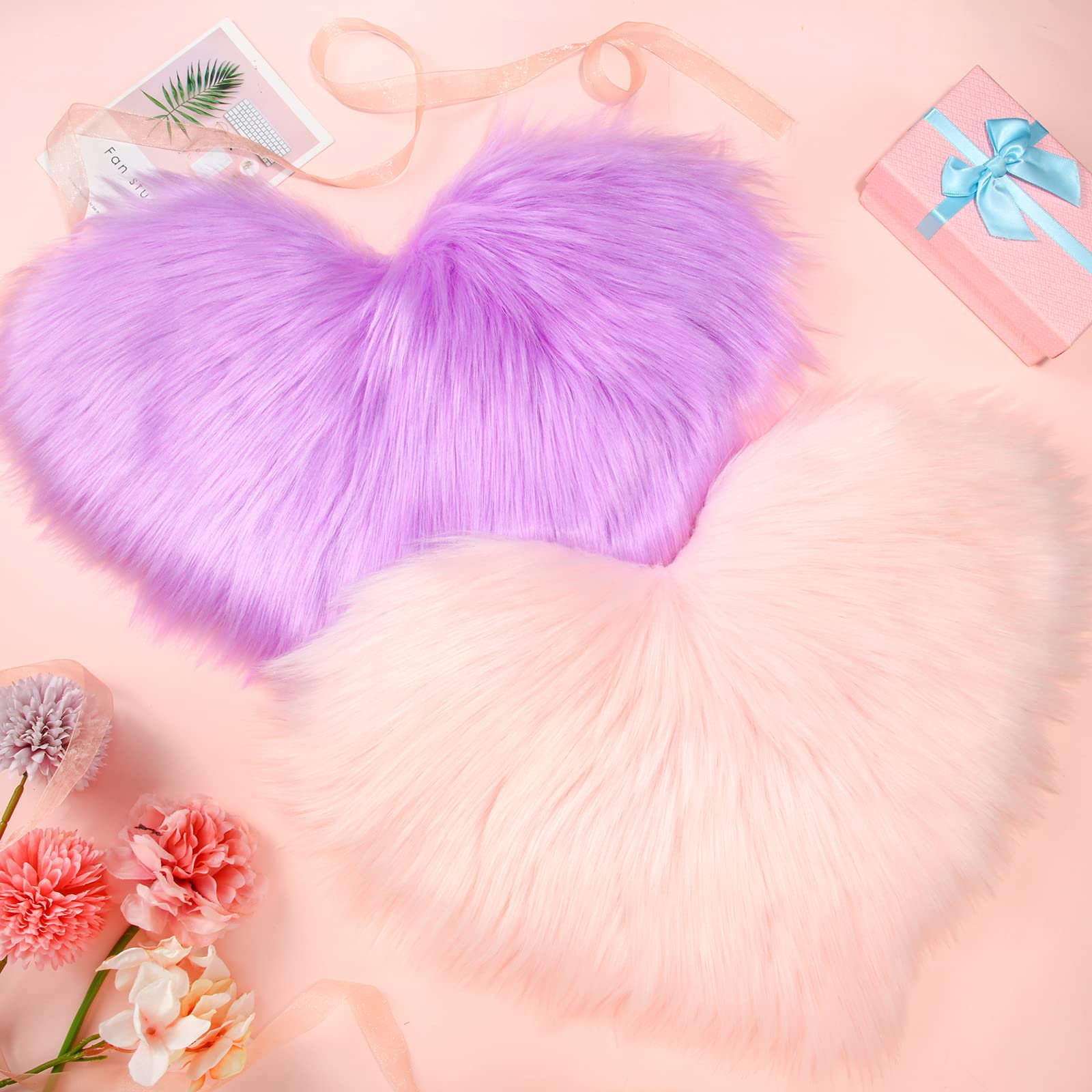 2 Pieces Fluffy Faux Area Rug Heart Shaped Rug Fluffy Room Carpet for Home Living Room Sofa Floor Bedroom, 12 x 16 Inch (Purple,