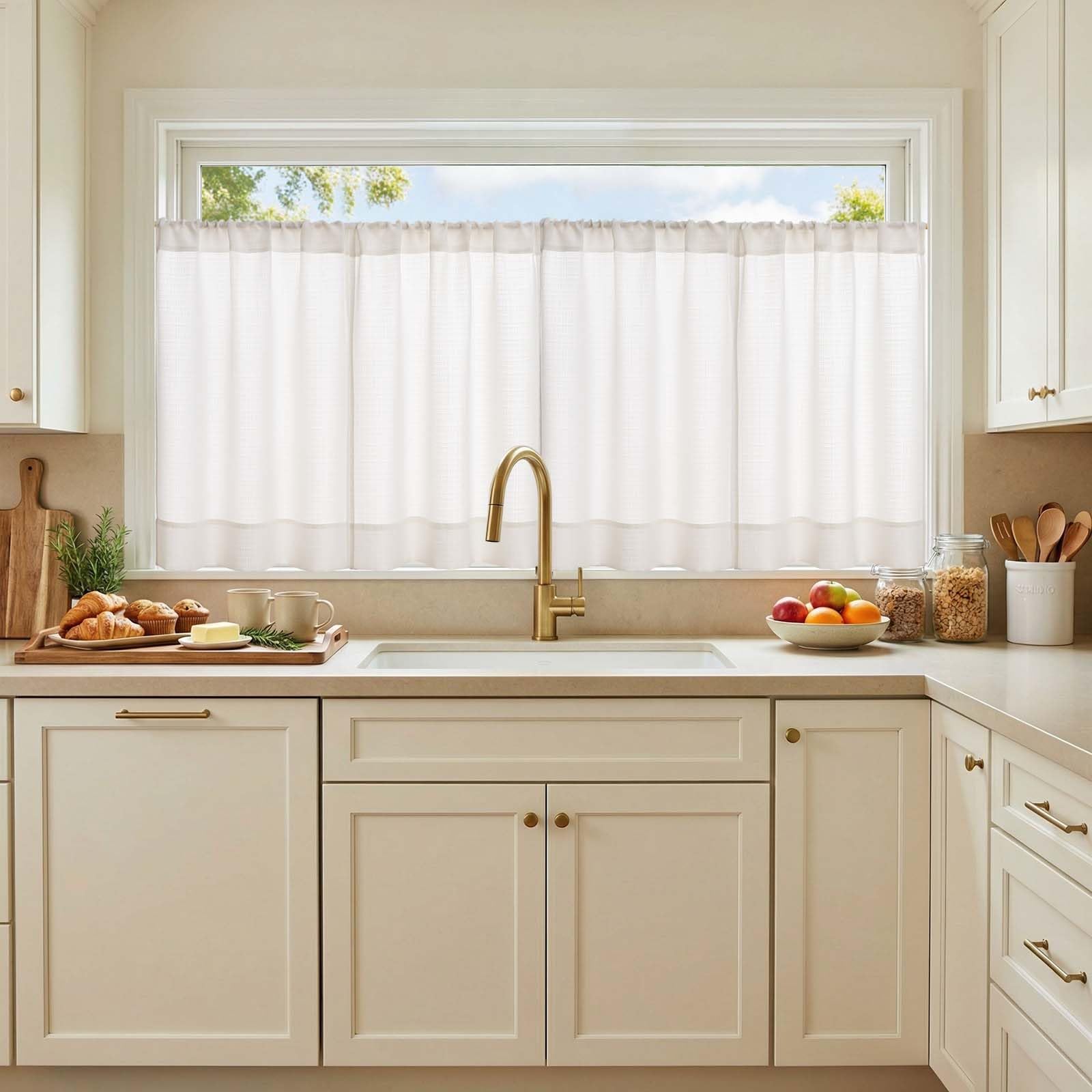 jinchan White Kitchen Curtains 30 Inch Length Textured Short Cafe Curtains Farmhouse Window Treatment Tiers for Bathroom Laundry