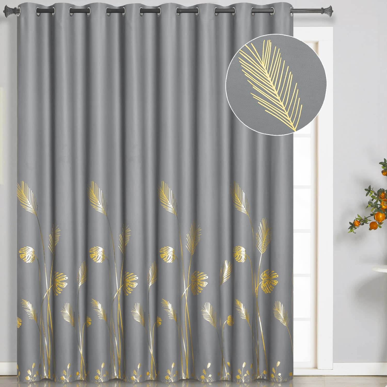 Estelar Textiler Grey Blackout Curtain For Dining Room 100W X 108L Inch Long Gold Palm Tree Printed Light Filtering Noise Reduci