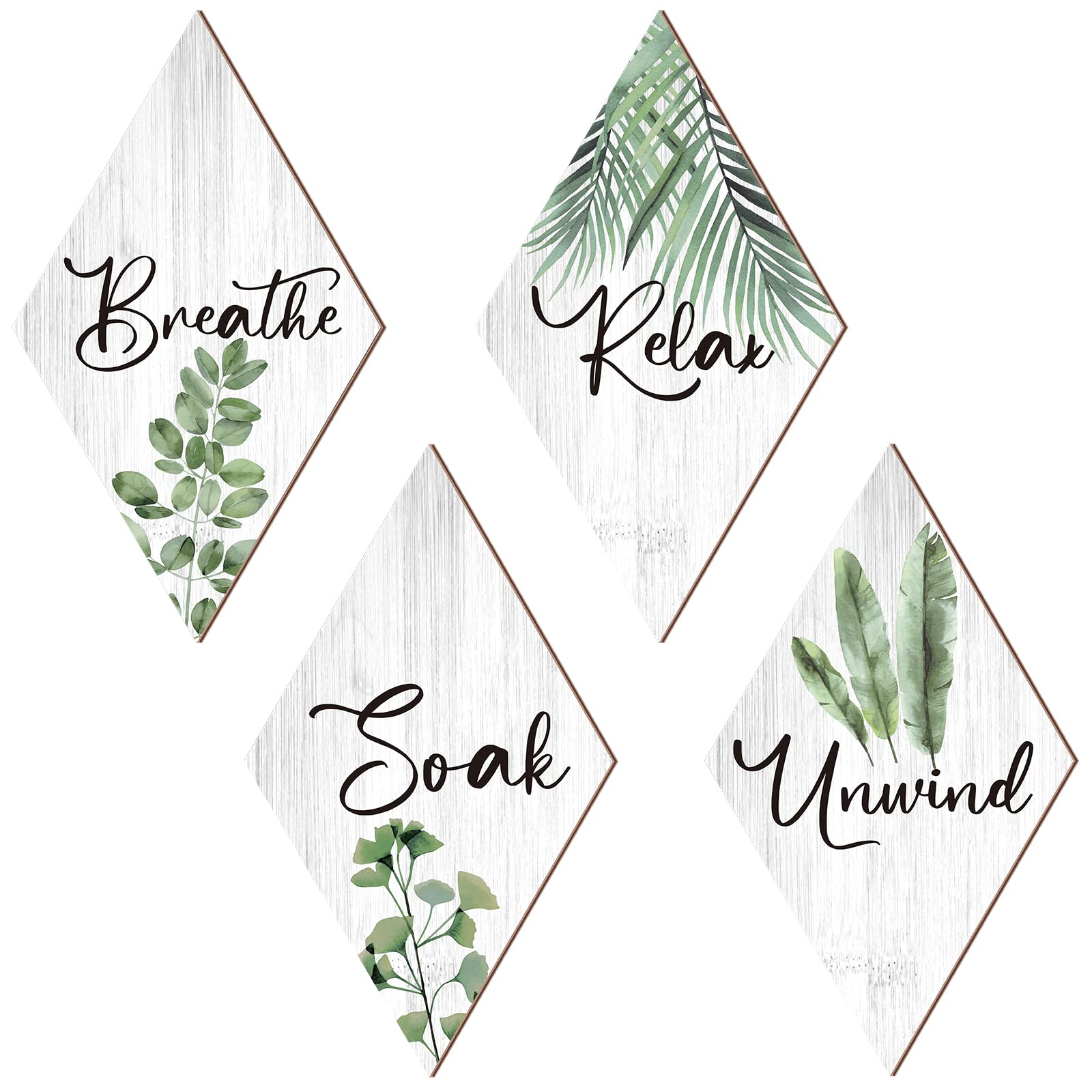 Jetec 4 Pcs Bathroom Decor Wall Art Relax Soak Unwind Breathe Wooden Sign Hanging Wall Art Green Accessories for Bedroom Living 