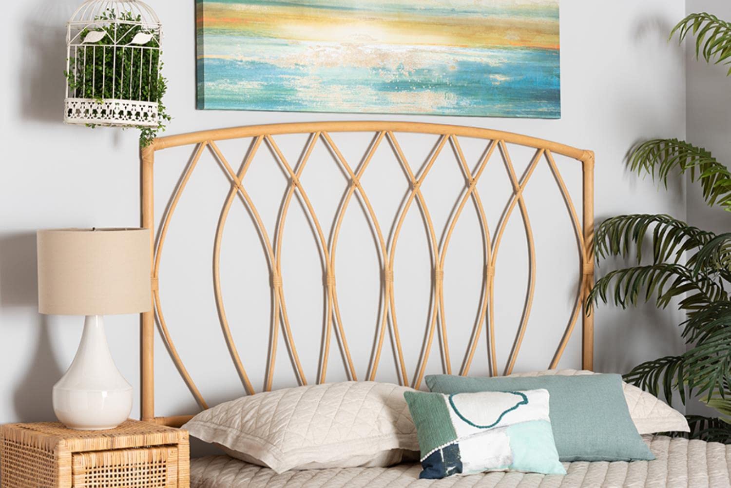 Baxton Studio Halia Modern Bohemian Brown Rattan Queen Size Wall-Mount Headboard