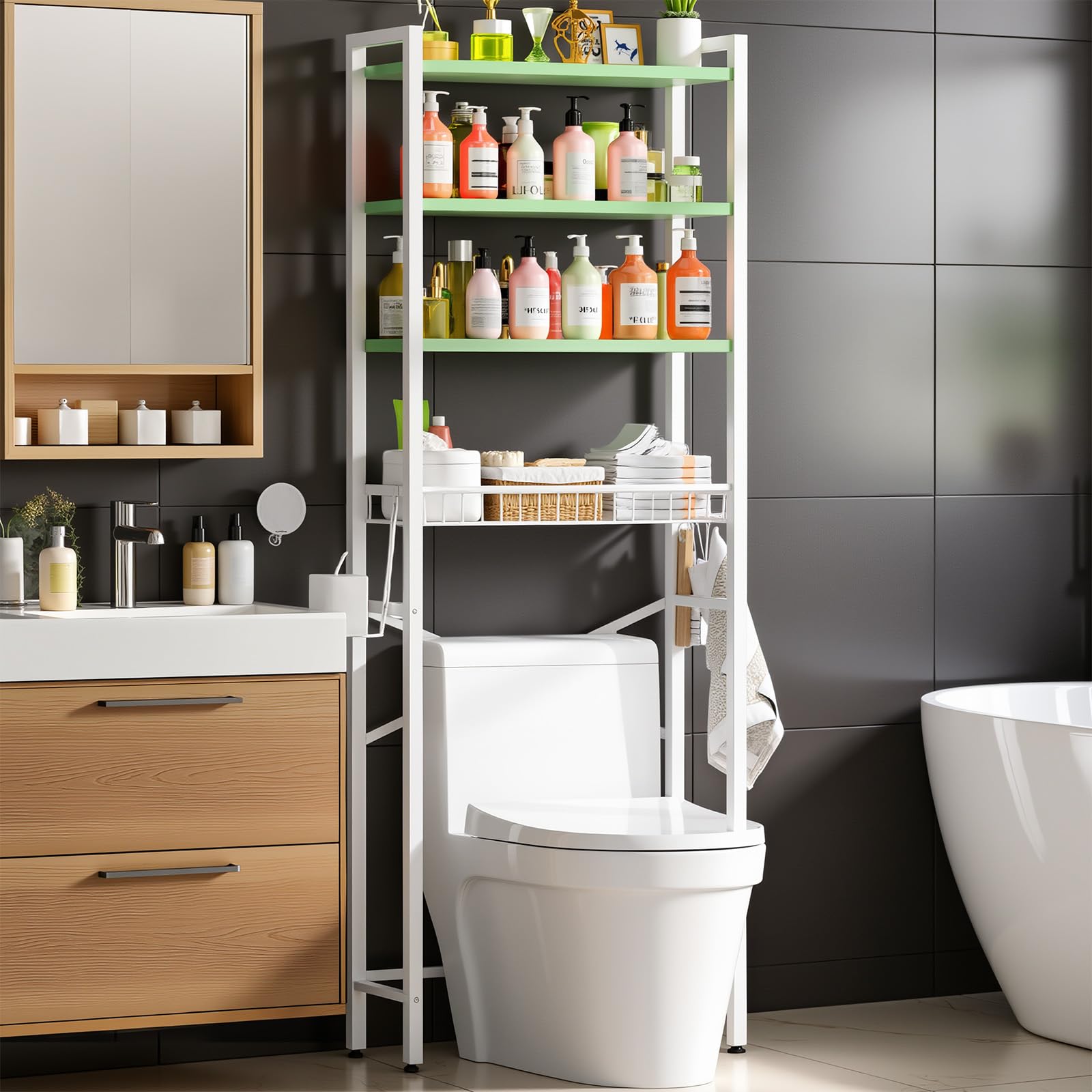 Kalrin Over-The-Toilet Storage Rack, 4-Tier Bathroom Organizer Shelf Over Toilet with Adjustable Shelf and Basket, Freestanding 