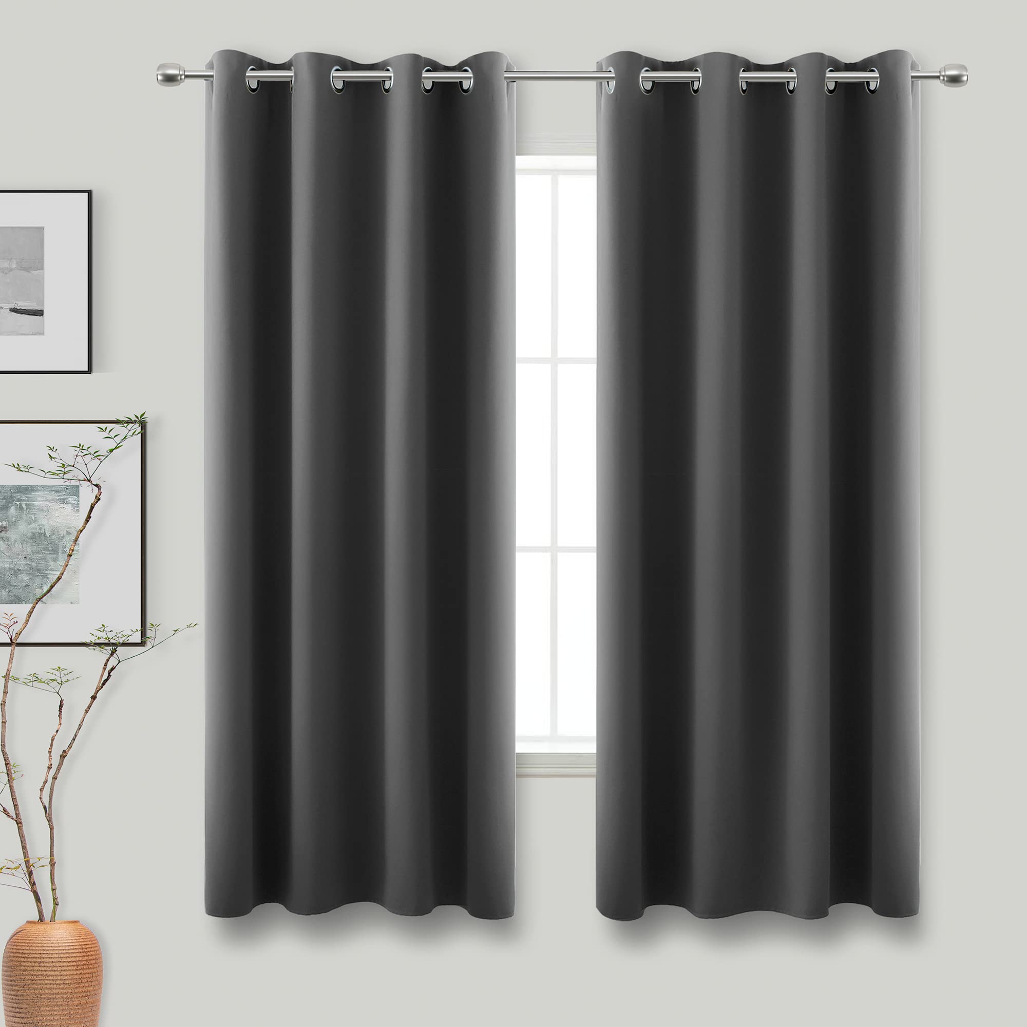 Charcoal Grey Curtains for Bedroom 2 Panel Set Grommet Thermal Insulated Light Blocking Darkening Cloth Fabric Blackout Curtains