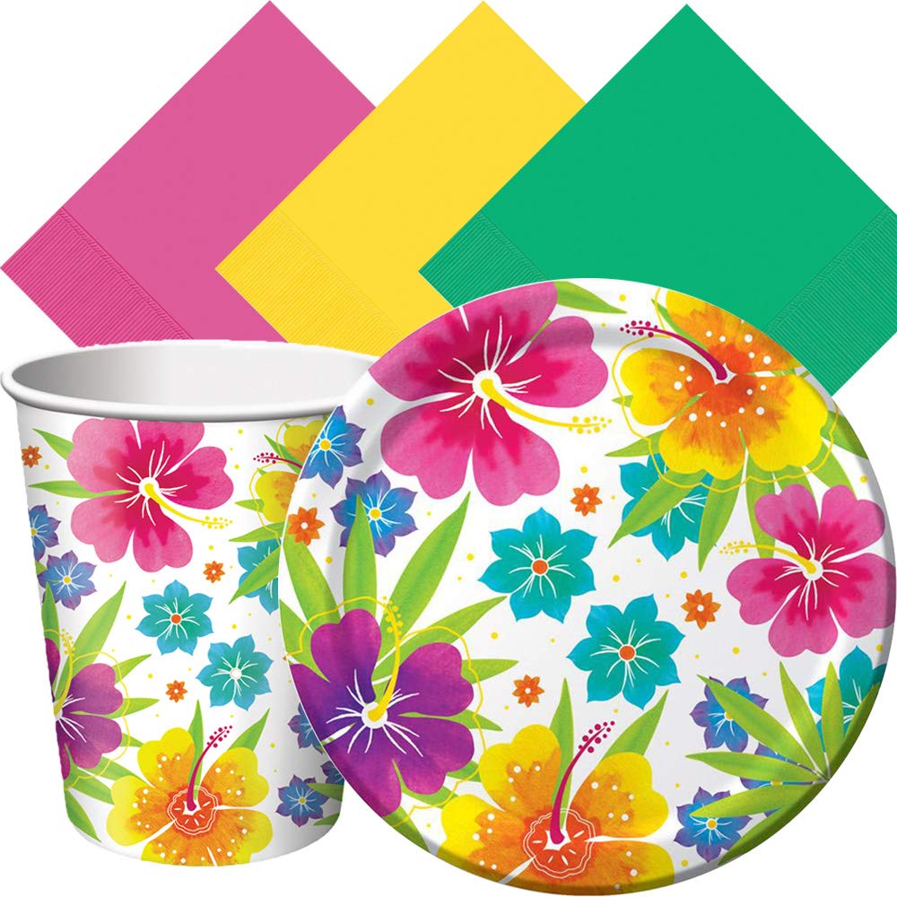 Another Dream Tropical Luau Hawaiian Summer Theme Party Pack Tableware for 50 Guests Plates, Napkins, and Cups