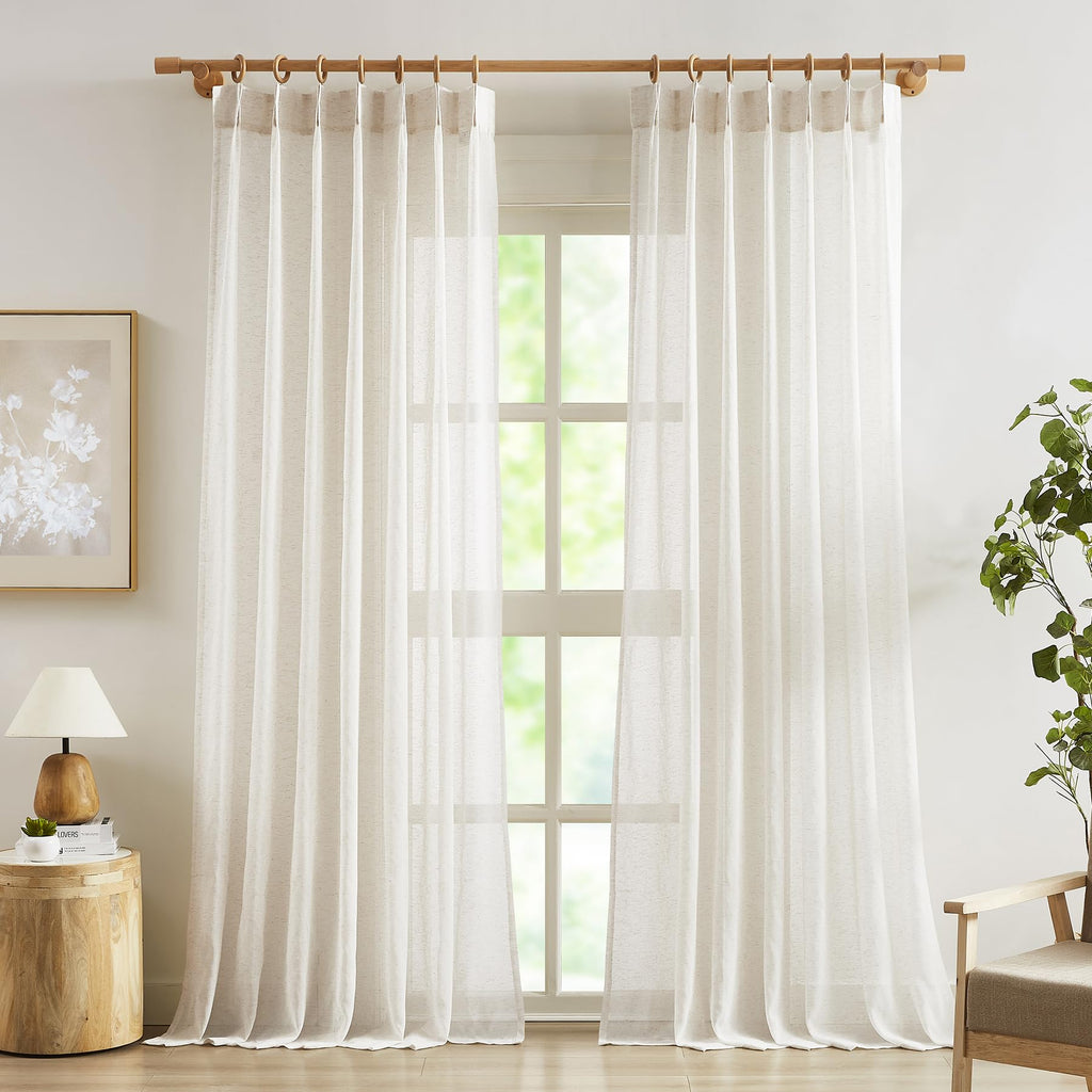 FMFUNCTEX Linen Sheer Pinch Pleated Curtains for Living Room, Linen Flax Beige 84 Inches Long Sheer Curtain Panels for Bedroom, 