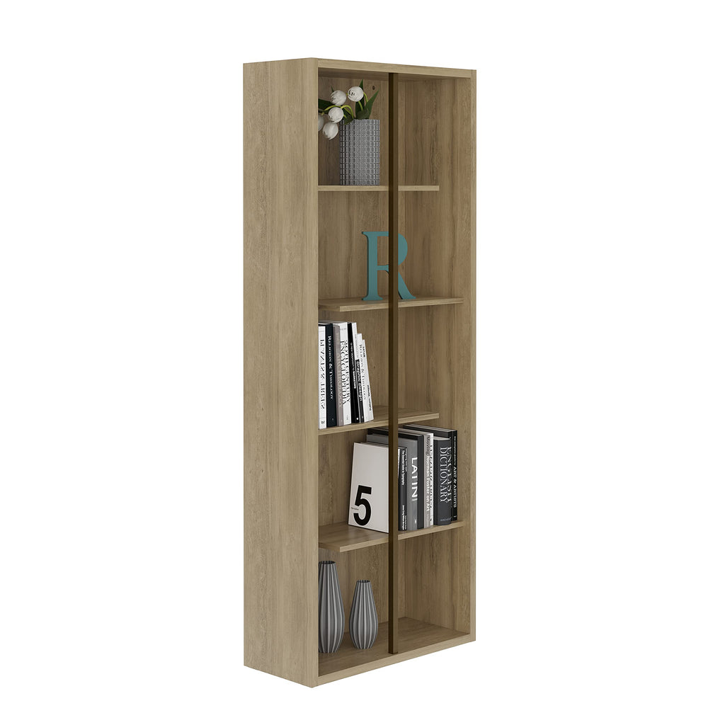 Techni Mobili 5 Shelf Bookcase - Pine Vertical Standing Wood Bookshelf For Living Room, Bedroom, & Home Office - Staggered Bookcase With Asymmetrical Shelves & Heavy Duty Steel Bar Cassa Collection