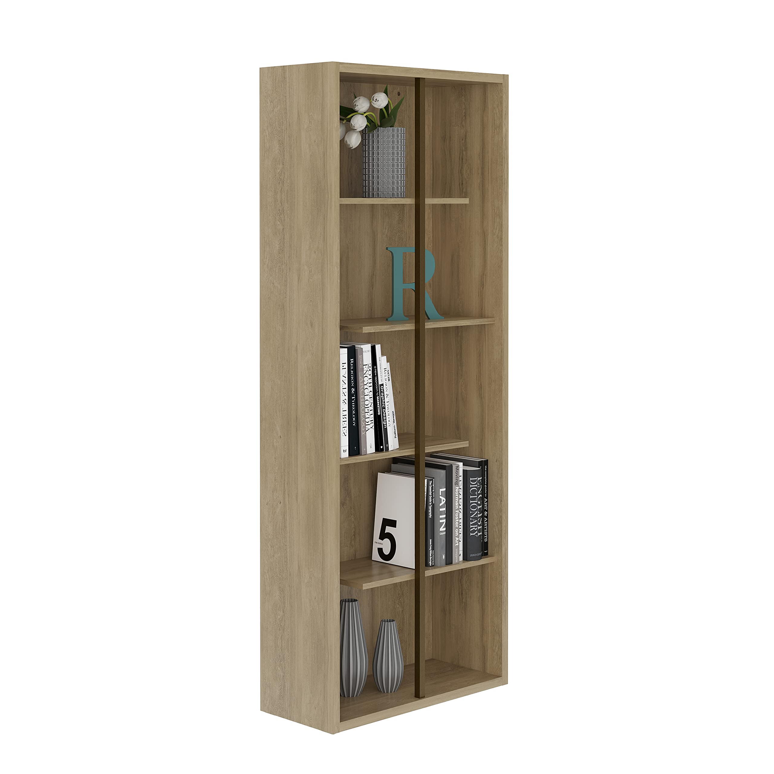 Techni Mobili 5 Shelf Bookcase - Pine Vertical Standing Wood Bookshelf For Living Room, Bedroom, & Home Office - Staggered Bookcase With Asymmetrical Shelves & Heavy Duty Steel Bar Cassa Collection