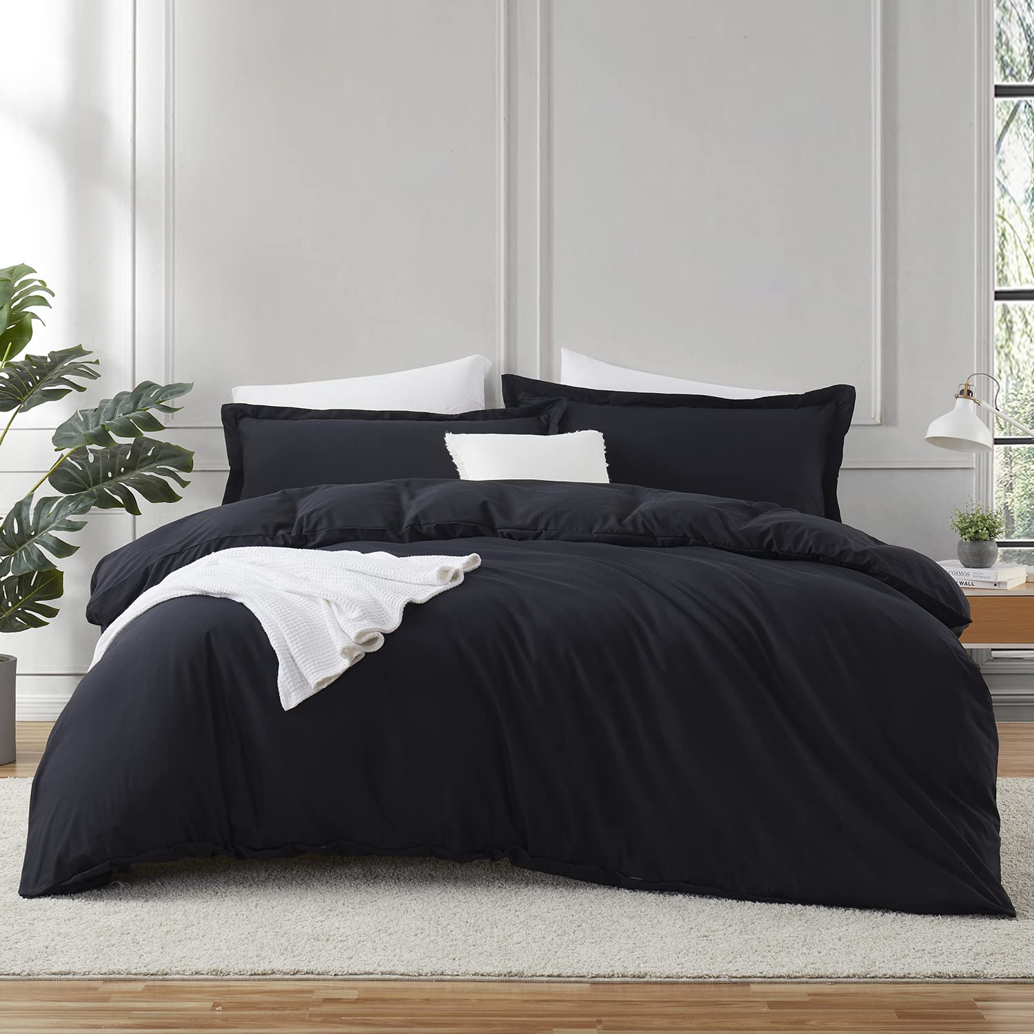 Hearth & Harbor Black Duvet Cover Queen Size - 3 Piece Queen Duvet Cover Set, Soft Double Brushed Queen Size Duvet Covers With B