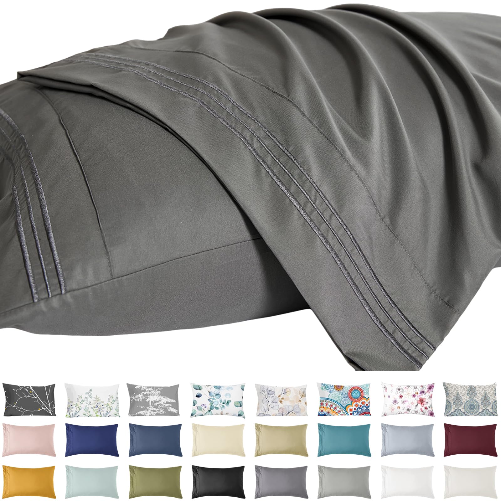 YIYEA King Size 2 Pack - Super Soft 1800 Thread Count Brushed Microfiber Embroidered Bed Pillowcases with Envelope Closure, 20''