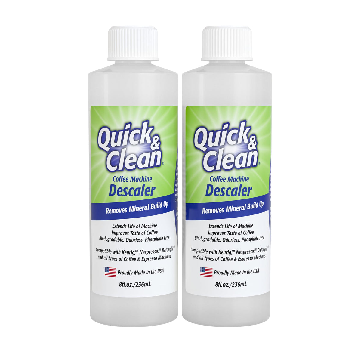 Quick & Clean 2-Pack Descaler (4 Total Uses) - Made in the USA - Descaling Solution for Keurig, Nespresso, Ninja, Delonghi, Coff