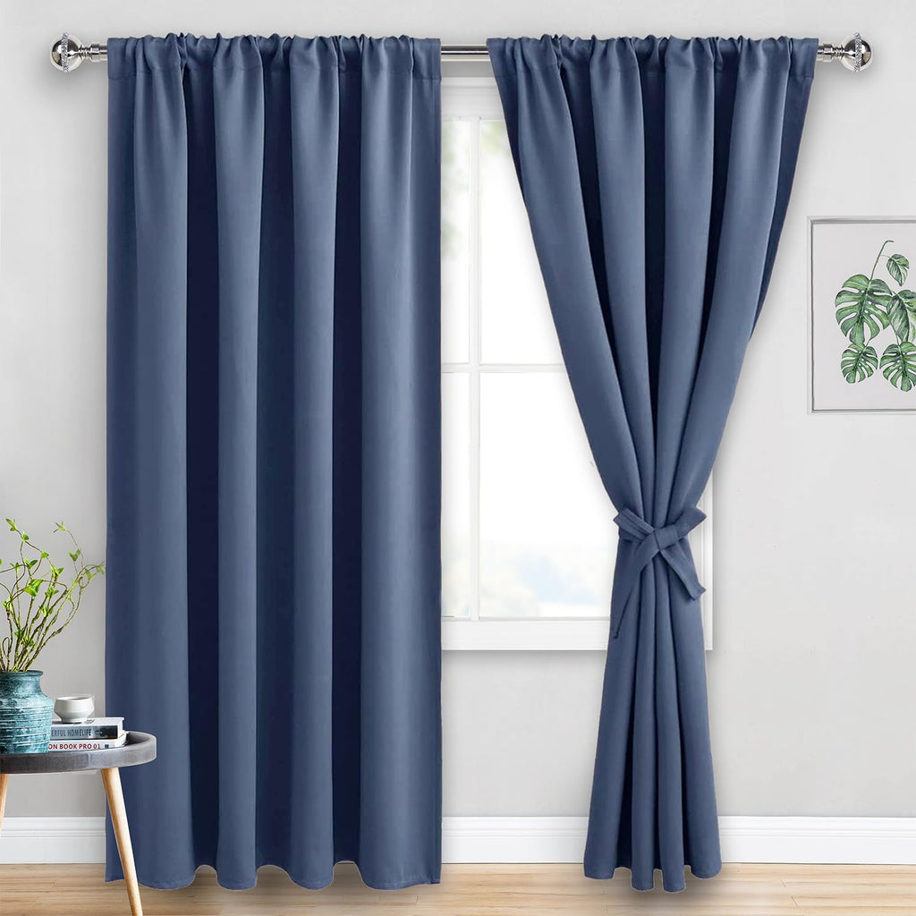 Jiuzhen Blackout Curtains For Bedroom - 60 Inch Extra Wide Thermal Insulated Room Darkening Privacy Soundproof Curtains For Living Room, Set Of 2 Panels With Tiebacks, 60 X 84 Inches, Dusty Blue