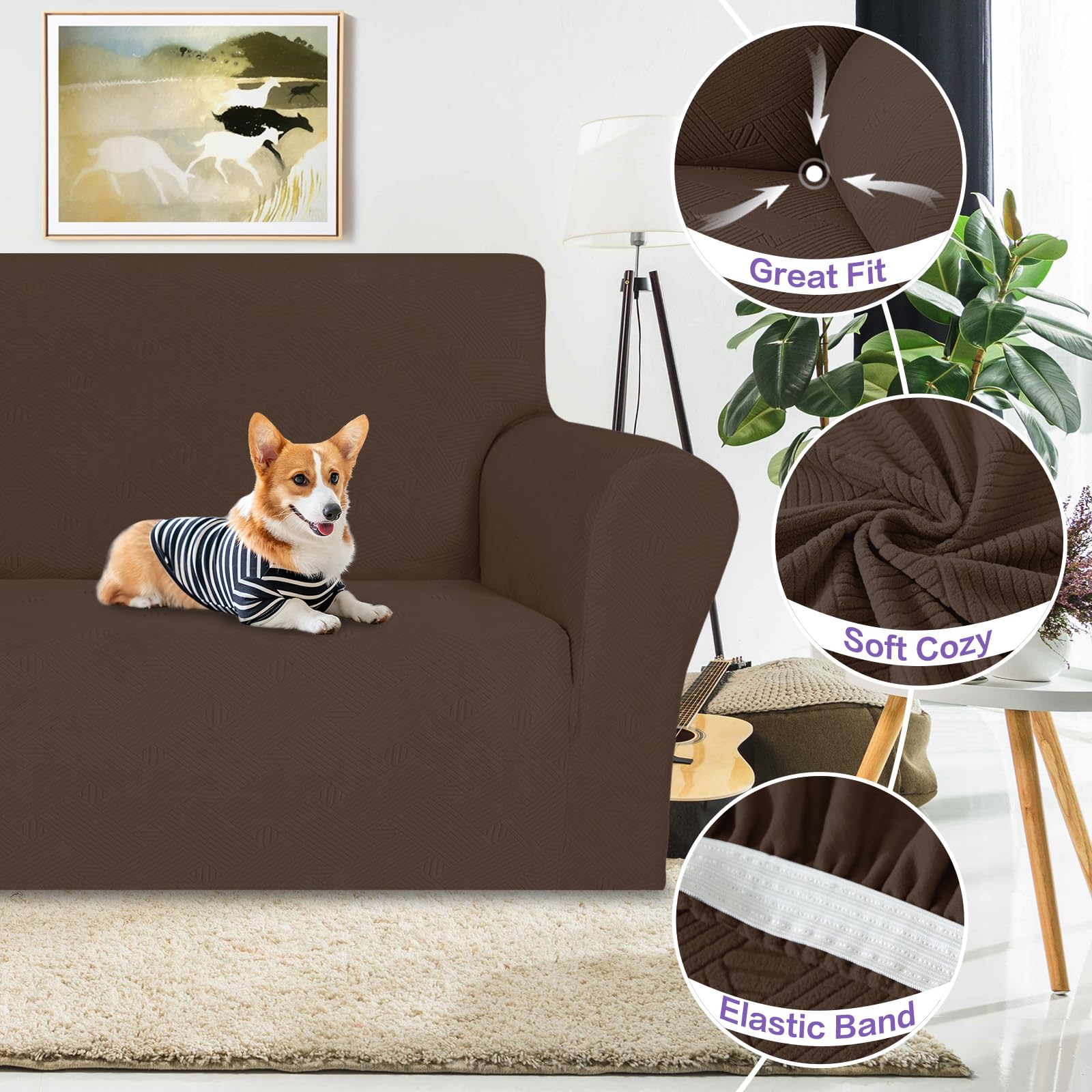 Znsayotx Super Stretch Sofa Cover (71'-91'), New Striped Sofa Covers Fitted Slipcovers With Elastic Bottom, Dog Cat Pets Proof Spandex Washable Fabric Comfortable & Durable (Coffee, Sofa)