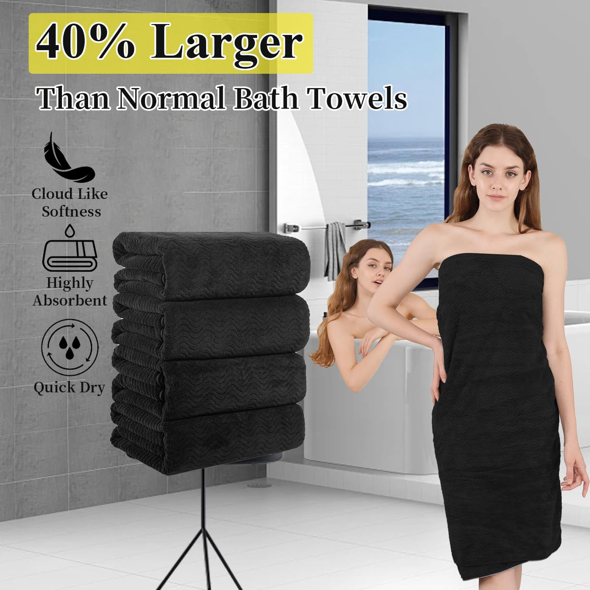 Jessy Home Black 8 Piece Bath Towel Set |2 Oversized Large Bath Sheet,2 Hand Towels,4 Washcloths| Soft Luxury Towel Set For Bath