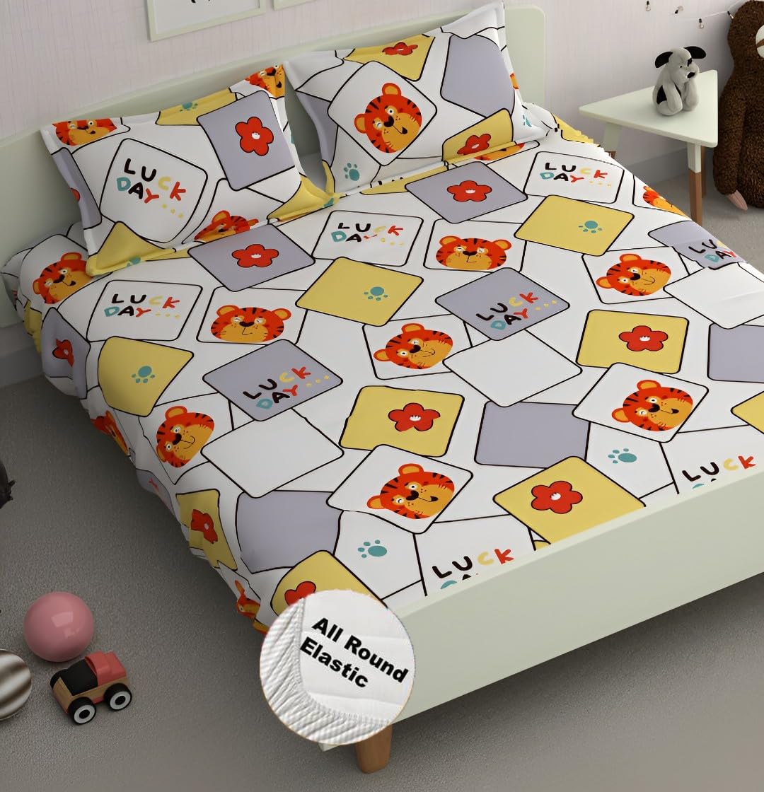 Decomizer Cartoon Kids Cotton Feel All Around Elastic Fitted King Size Double Bed Bedsheet With 2 Pillow Covers Fits Upto Mattre