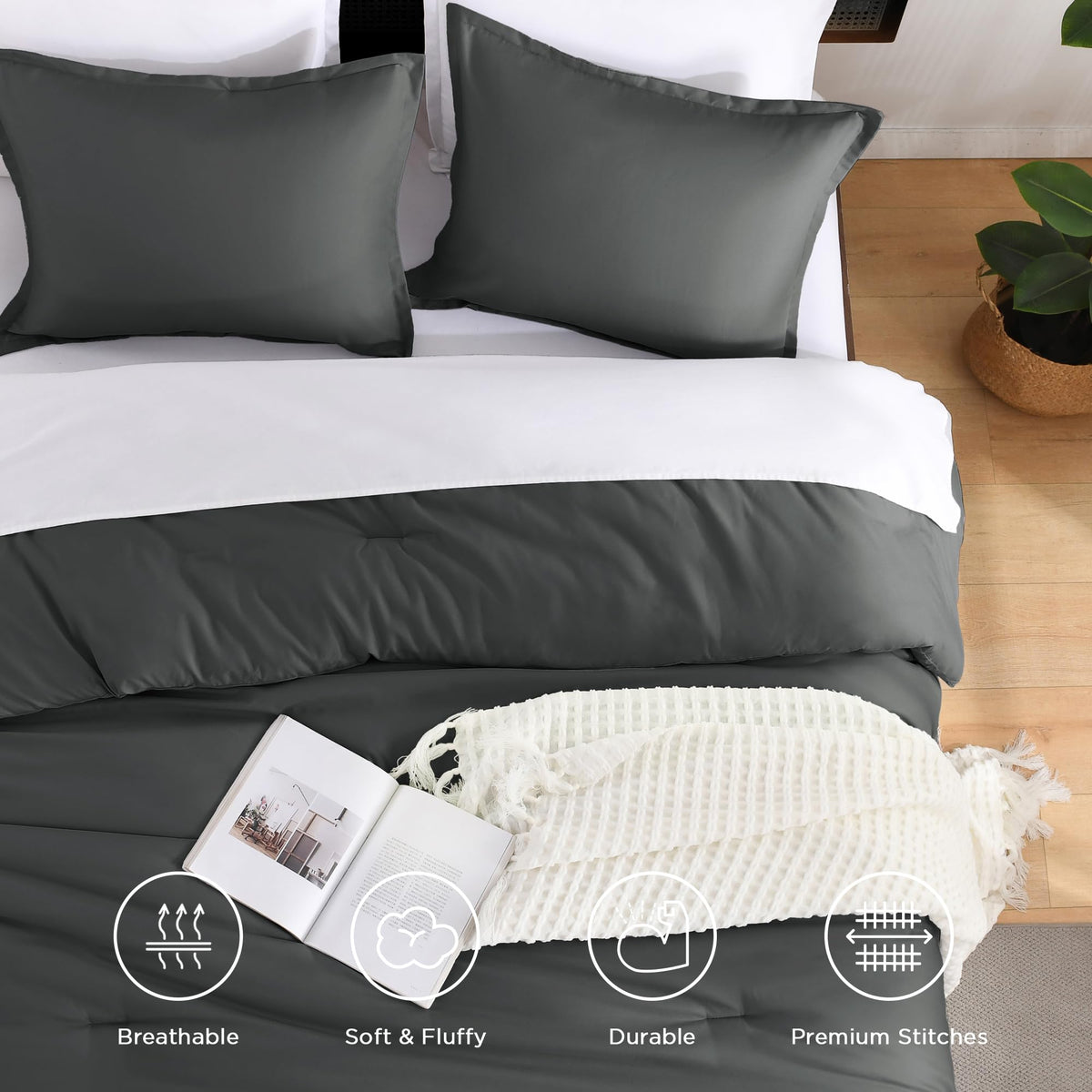 Andency Dark Grey King Size Comforter Set, 3 Pieces Boho Solid Bedding Comforter Set, Soft Cozy Lightweight Reversible All Season Warm Microfiber Bed Blanket Quilt Sets For Men Women (104X90Inch)