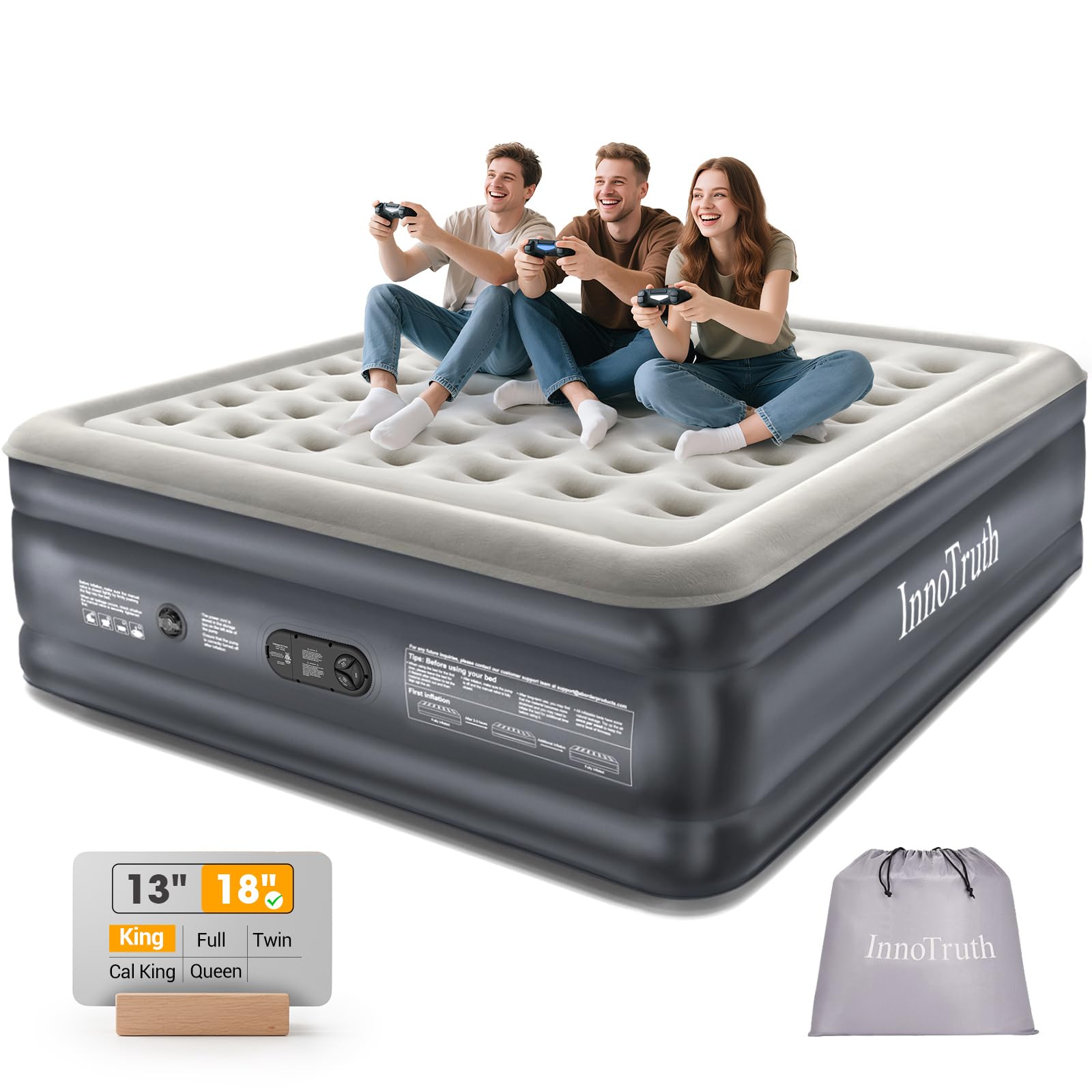 InnoTruth King Size Air Mattress with Built in Pump, Famiy Choice Award Winner, Inflatable Blow up Mattress, 18 Raised 2-4 Perso