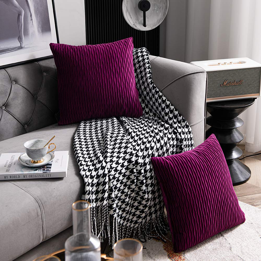 Dezene 18X18 Purple Throw Pillow Cases: 2 Pack Original Striped Velvet Square Decorative Pillow Covers For Farmhouse Couch