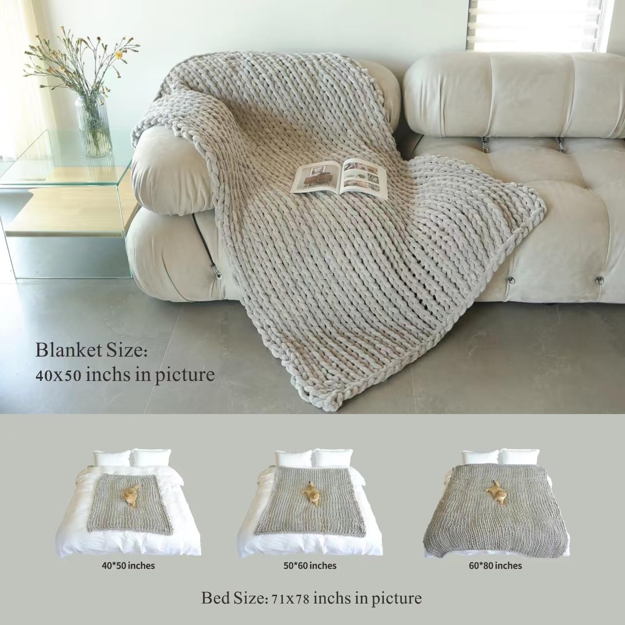 Maetoow Tighter Version Chenille Chunky Knit Blanket Throw 40  50 Inch, Handmade Warm & Cozy Blanket Couch, Bed, Home Decor, Sof