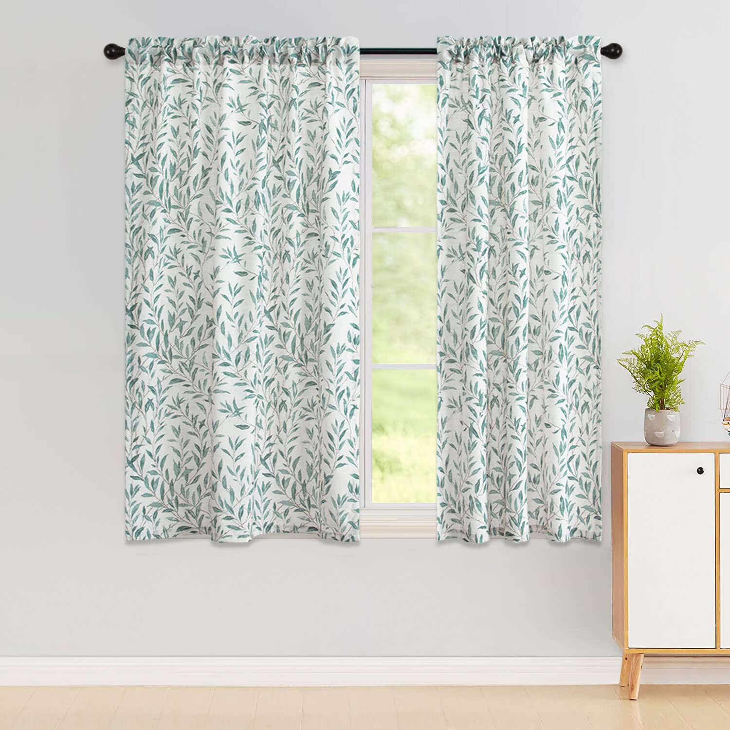 Vogol Natural Curtains & Drapes For Living Room, 54 Inch Length Lovely Leaves Pattern Window Treatment, Rod Pocket Top For Livin