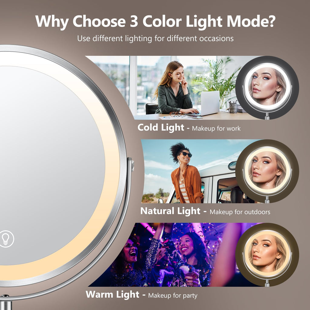 10X Large Lighted Makeup Mirror, Rechargeable 8' Height Adjustable Vanity Mirror, 1X/10X Magnifying Mirror With 3 Color, Bright