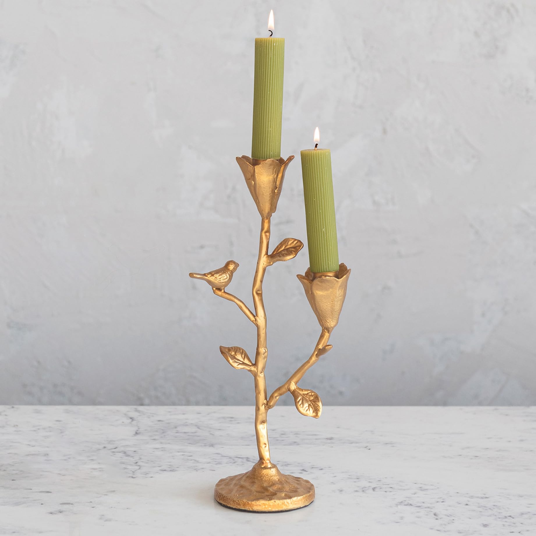 Creative Co-Op Hand-Forged Cast Iron Candelabra With Flowers And Bird, Holds 2, Gold Taper Holder