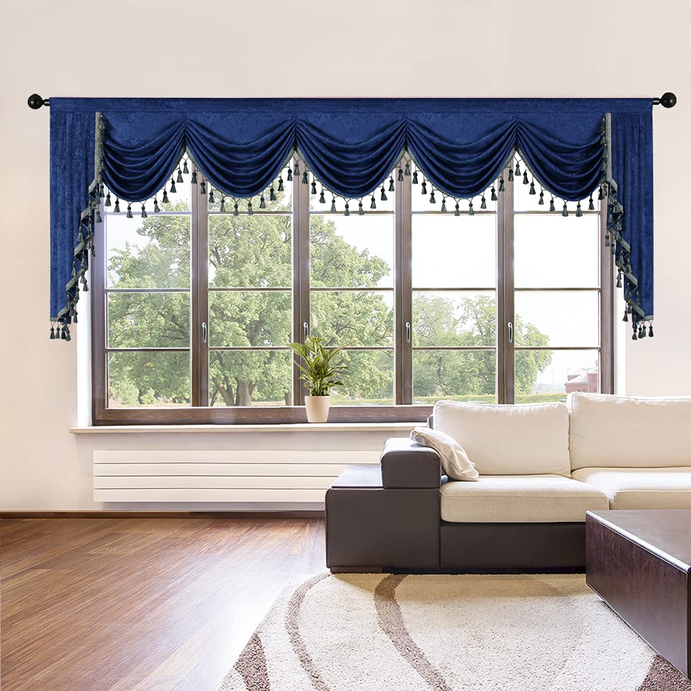 Elkca Thick Chenille Window Curtains Valance For Living Room Royal Blue Waterfall Valance For Bedroom,1 Panel (Royal Blue, W138)