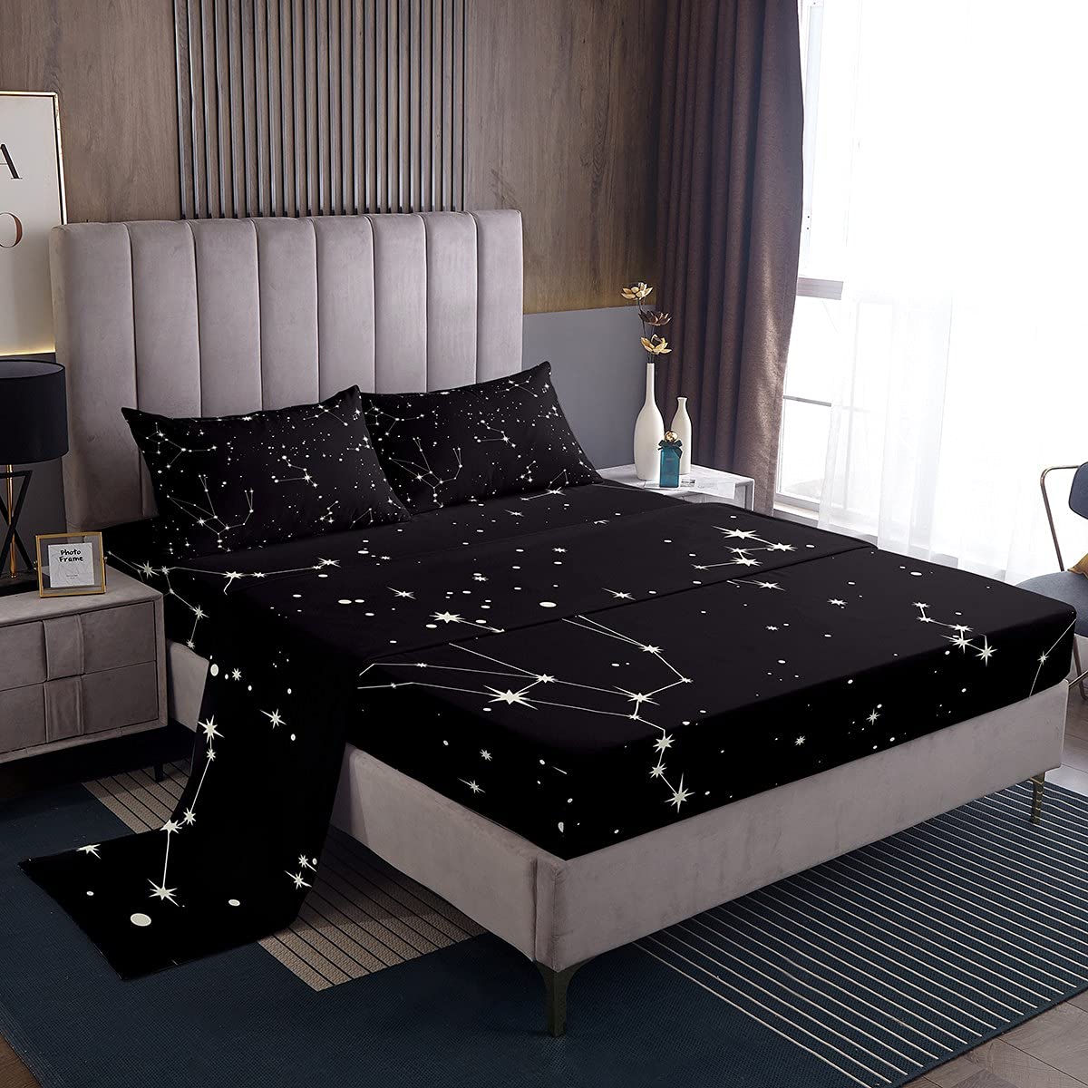 Galaxy Sheets Set Queen Size For Kids Girls Boys Outer Space Starry Sky Bedding Set Teens Constellation Twinkle Stars Bed Sheet Set Microfiber Super Soft Breathable Black White Milky Way Bed Cover