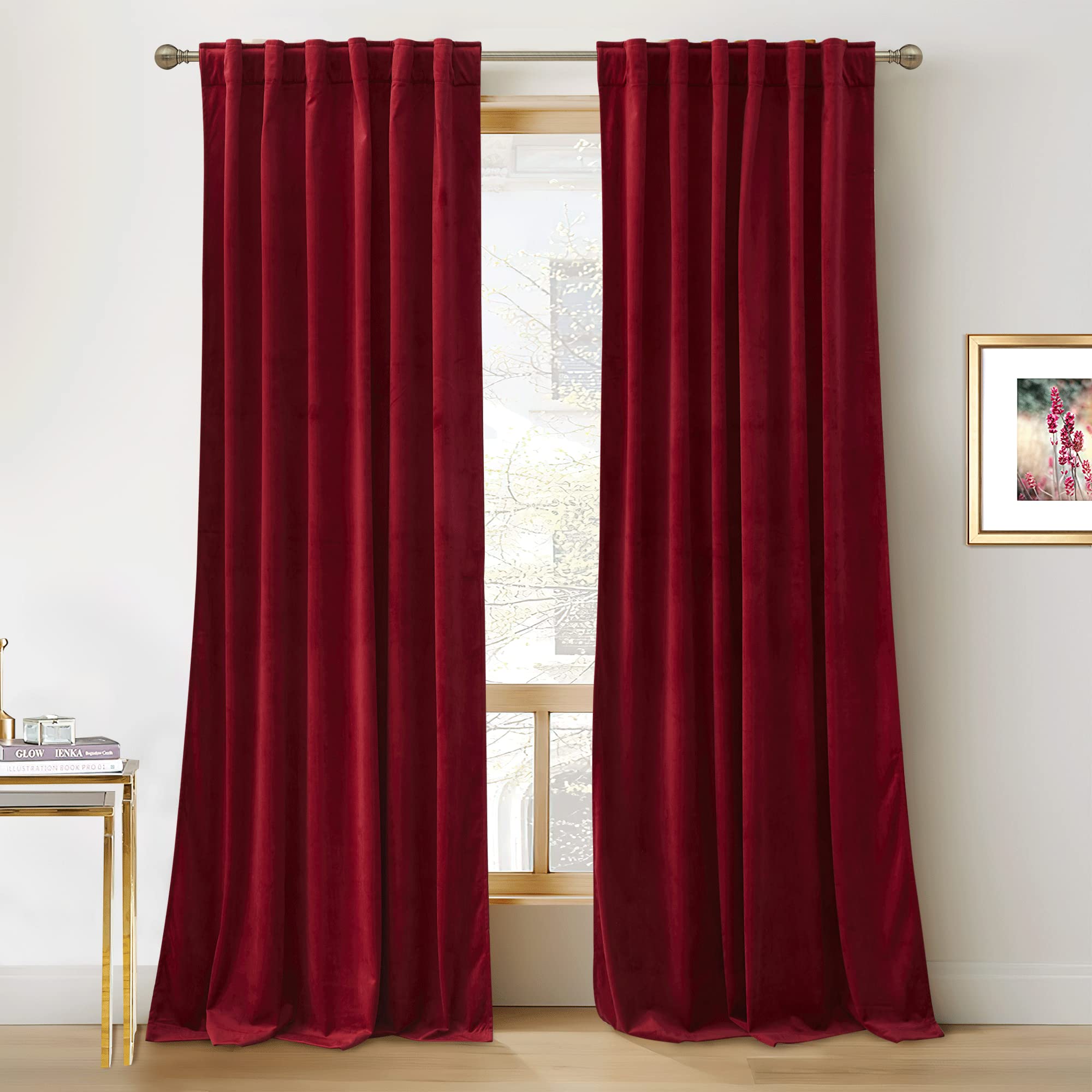 Ryb Home Red Theater Moive Velvet Curtains -Light & Heat Block Back Tabs Window Treatment Energy Efficient Privacy Protection Drapes For Hotel Villa Living Room, Ruby Red, W52 X L120 Inches, 2 Panels