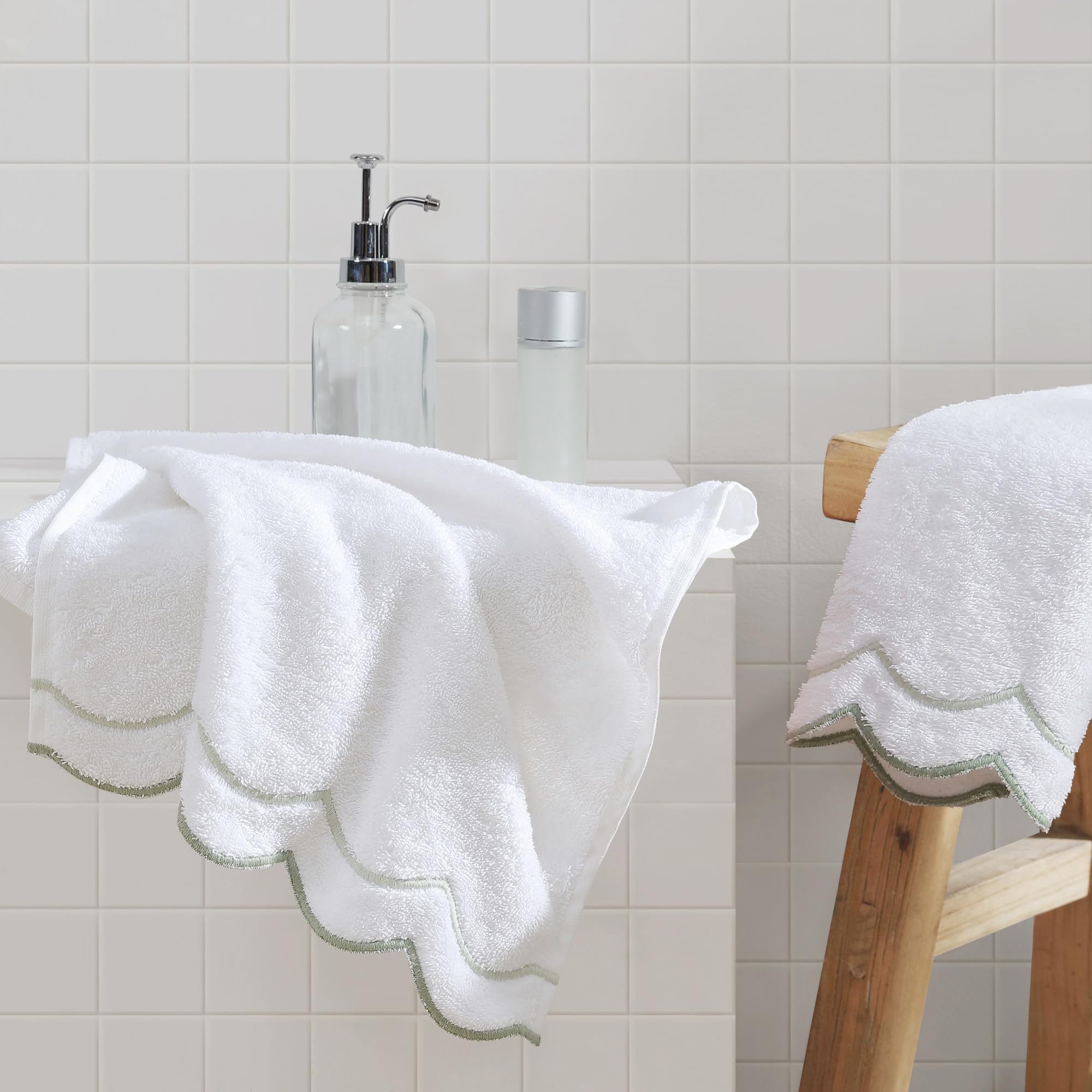 Peri Home 100% Cotton Hand Towel for Bathroom, Embroidered, Soft & Absorbent, 500 GSM, 1 Piece, 16 x 27, White with Sage Scallop