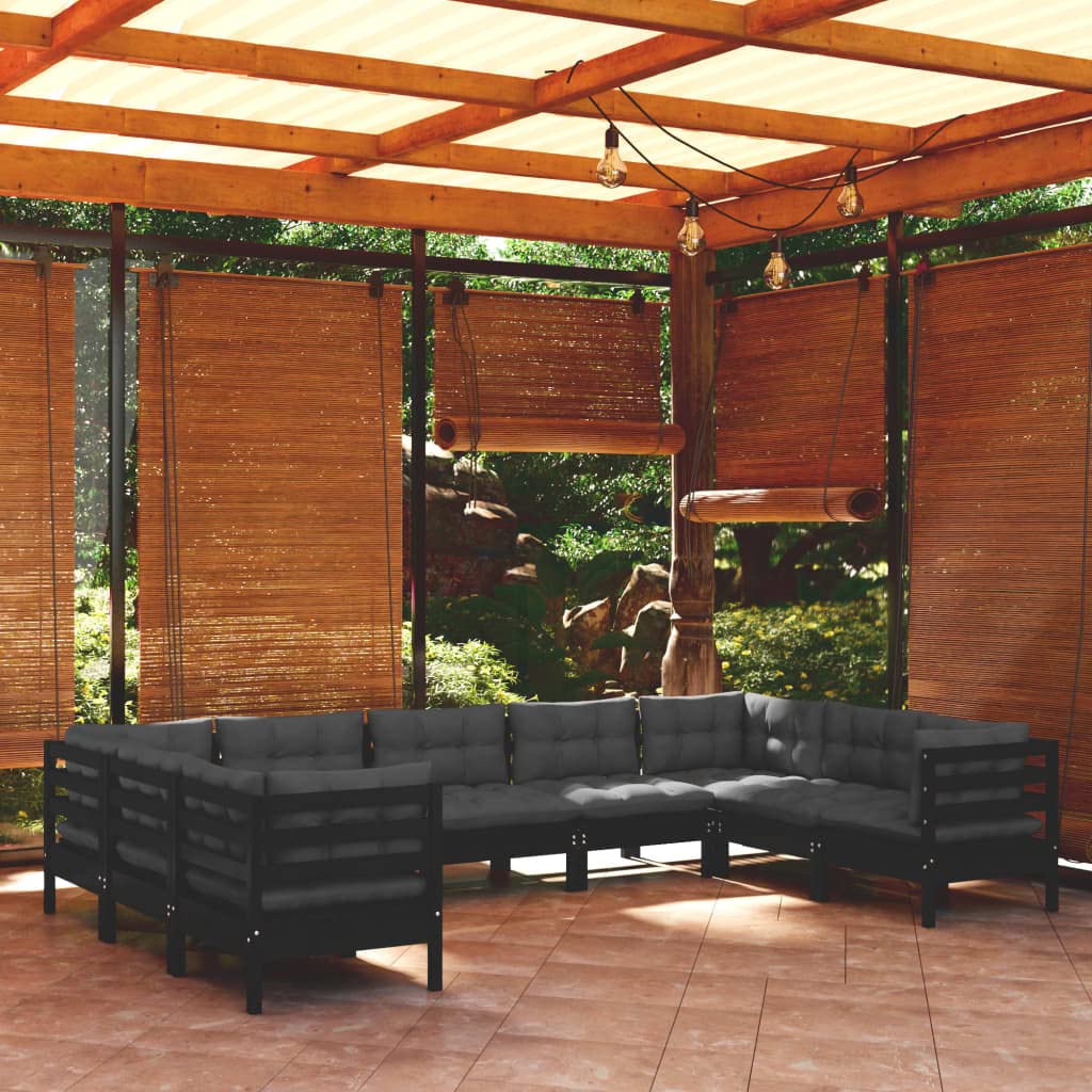 vidaXL Solid Pinewood Patio Lounge Set 9 Piece with Cushions Garden Outdoor Lawn Yard Terrace Balcony Wooden Seat Seating Furniture Black