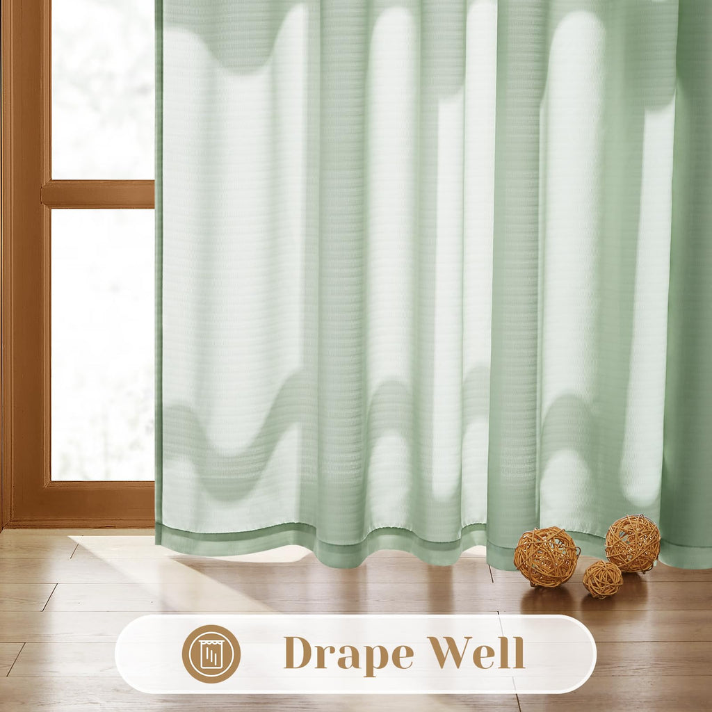 Homeideas Non-See-Through Sage Green Privacy Sheer Curtains 52 X 96 Inches Long 2 Panels Set, Fish Bone Pattern Semi Sheer Curta