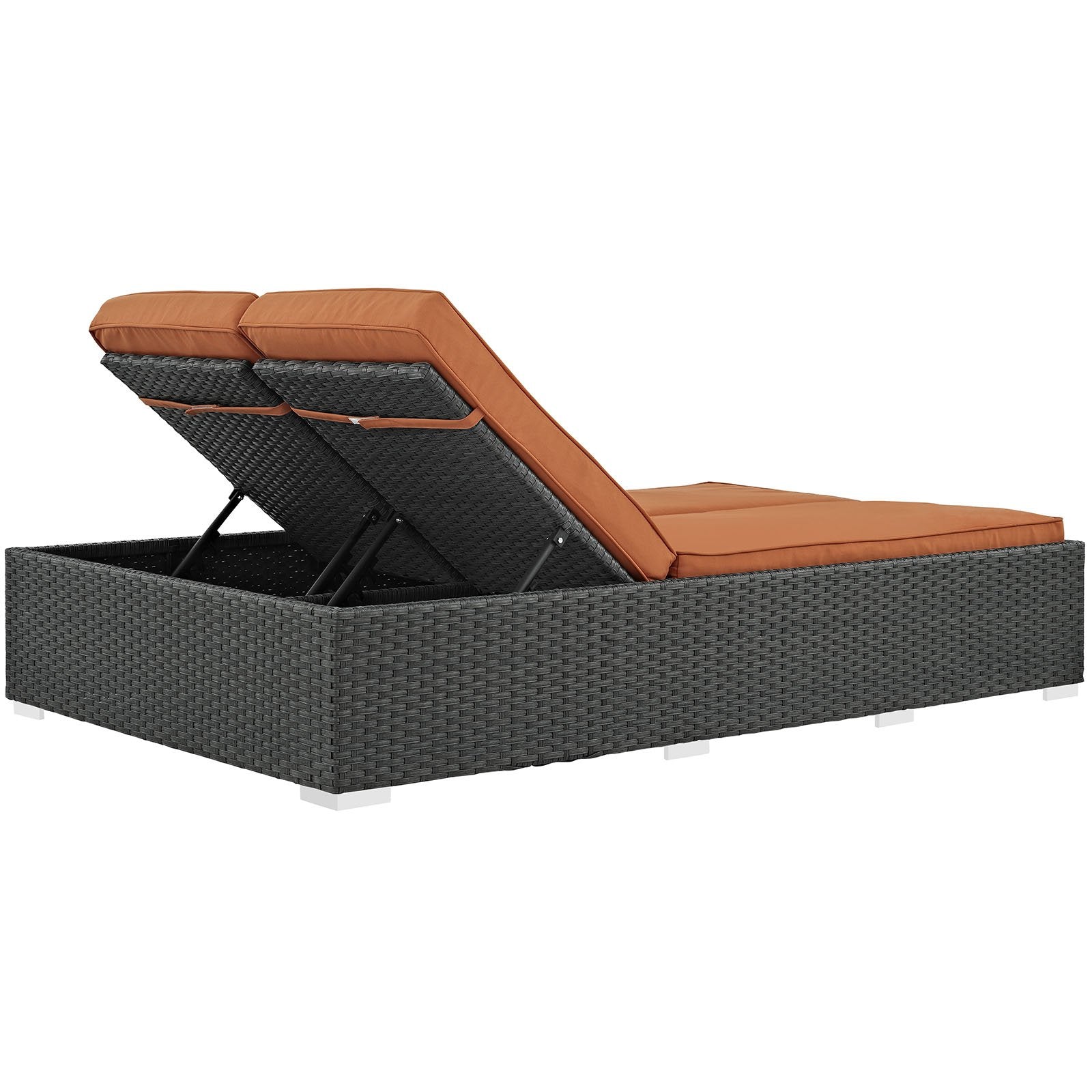 Modway Sojourn Double Chaise Lounge Chair Rattan Sunbrella Fabric Chocolate Tuscan 78.5"L x 47"W