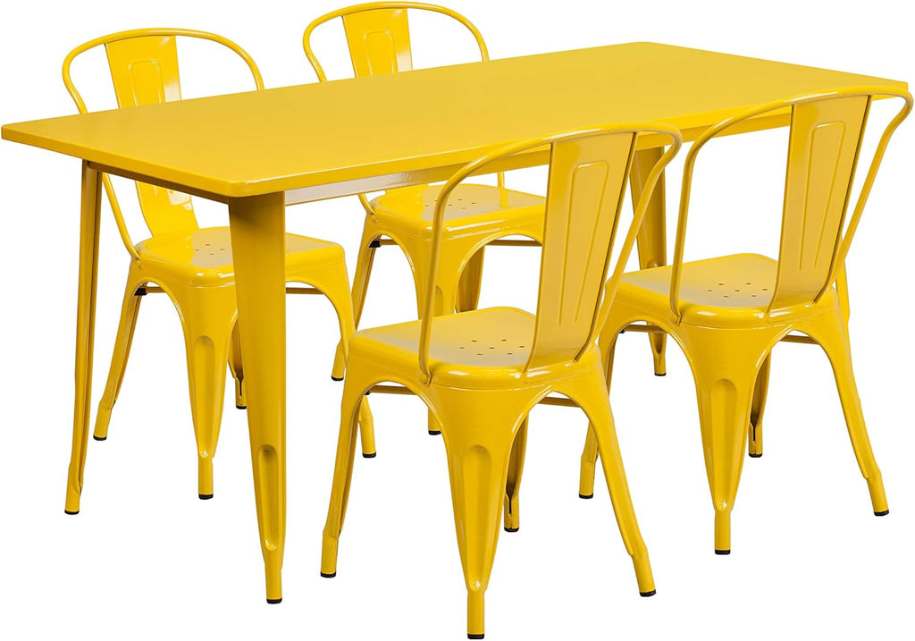 Commercial Grade 31.5 Square Yellow Metal Indoor-Outdoor Table Set with 4 Stack Chairs