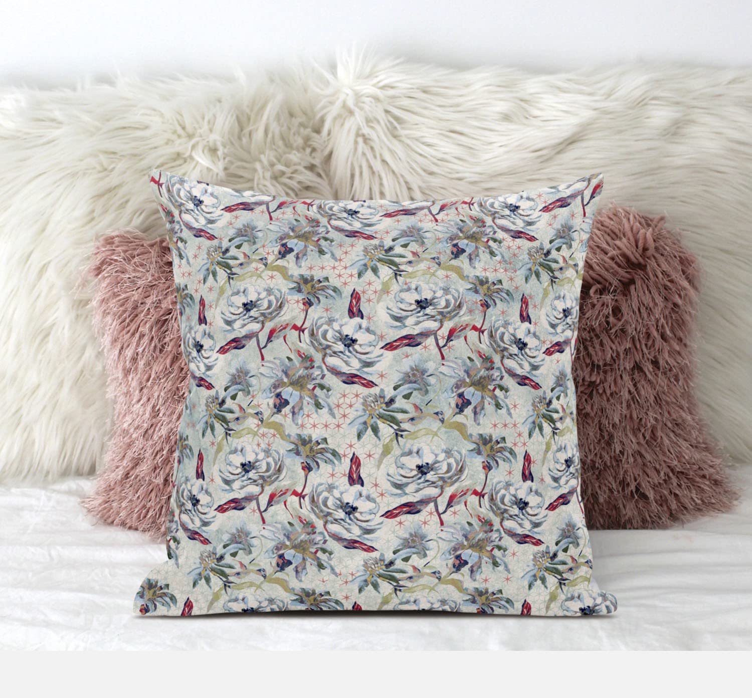 HomeRoots Light Blue Peach 18' Light Green Gray Roses Zippered Suede Throw Pillow