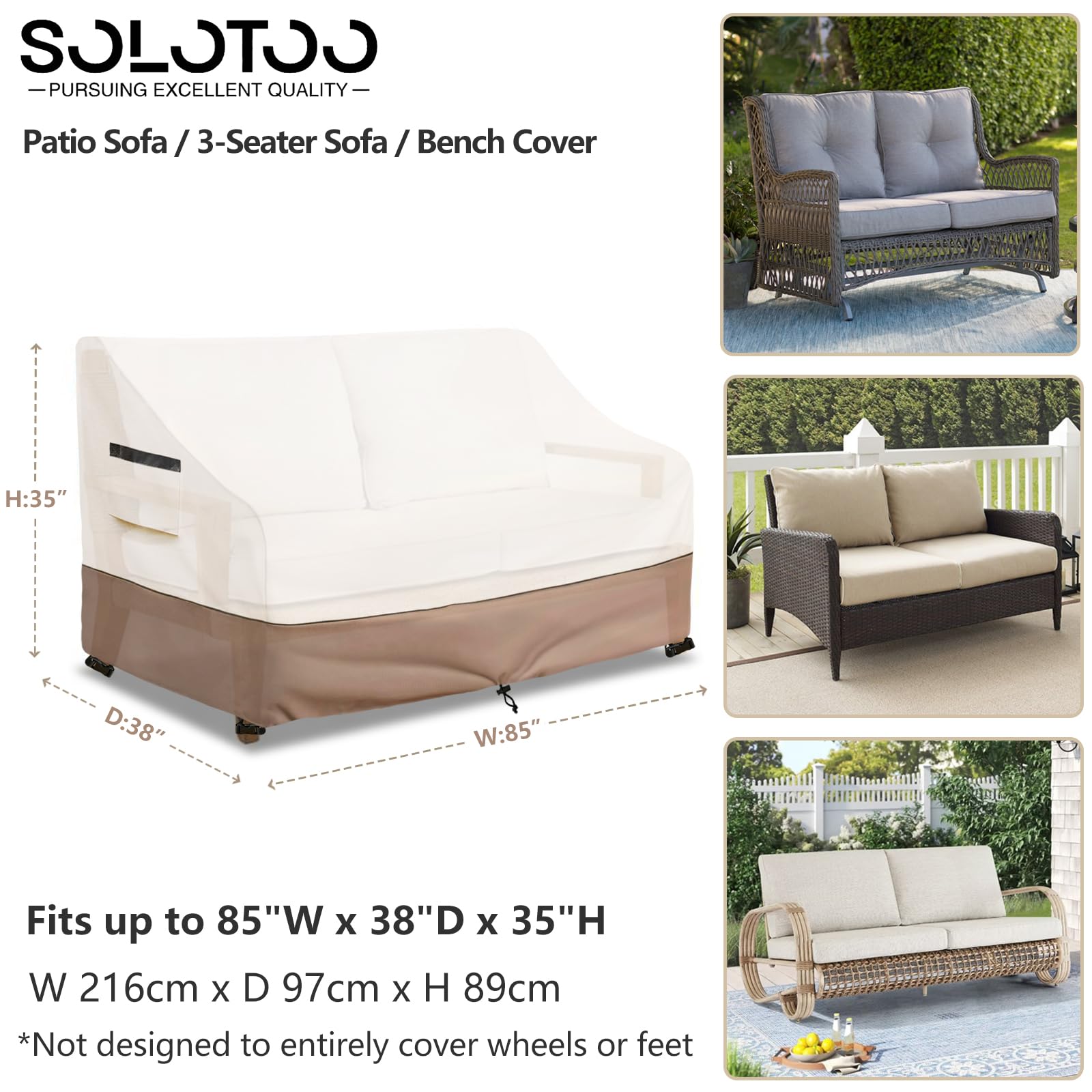 Solotoo Patio Furniture Covers Waterproof 3-Seater Sofa Cover,85 Inshes Outdoor Couch Cover,Patio Loveseat Cover (Beige)