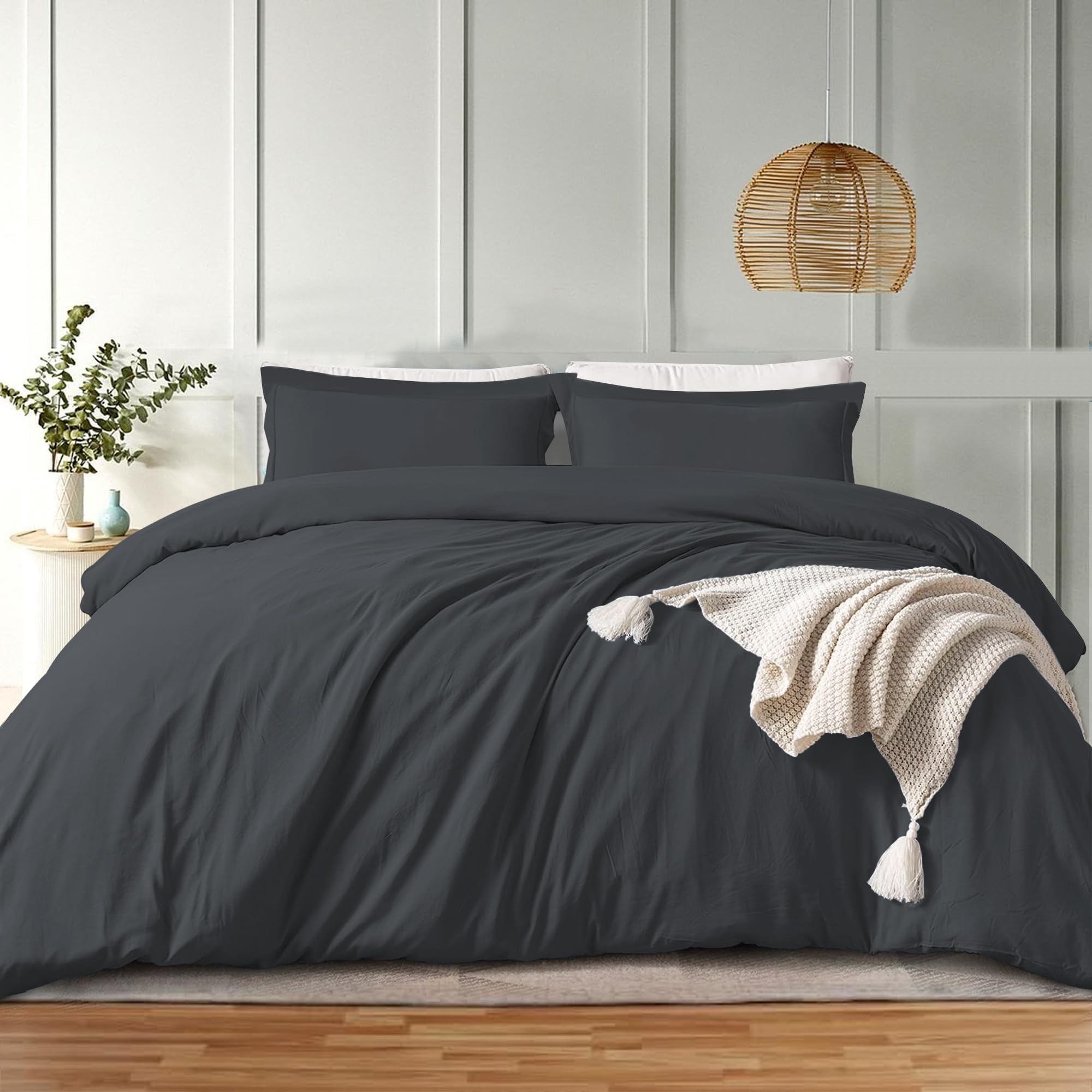Moonlight20015 Duvet Cover Set Microfiber Bedding (Grey Plain, Queen)