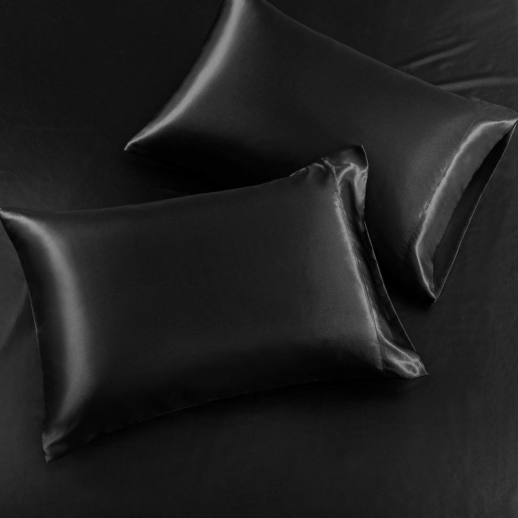 Siinvdabzx 3-Piece Set Satin Full Fitted Sheet & 2 Pillowcase, Black Silky Soft Fitted Bottom Sheet, Wrinkle Free, Fade Resistan