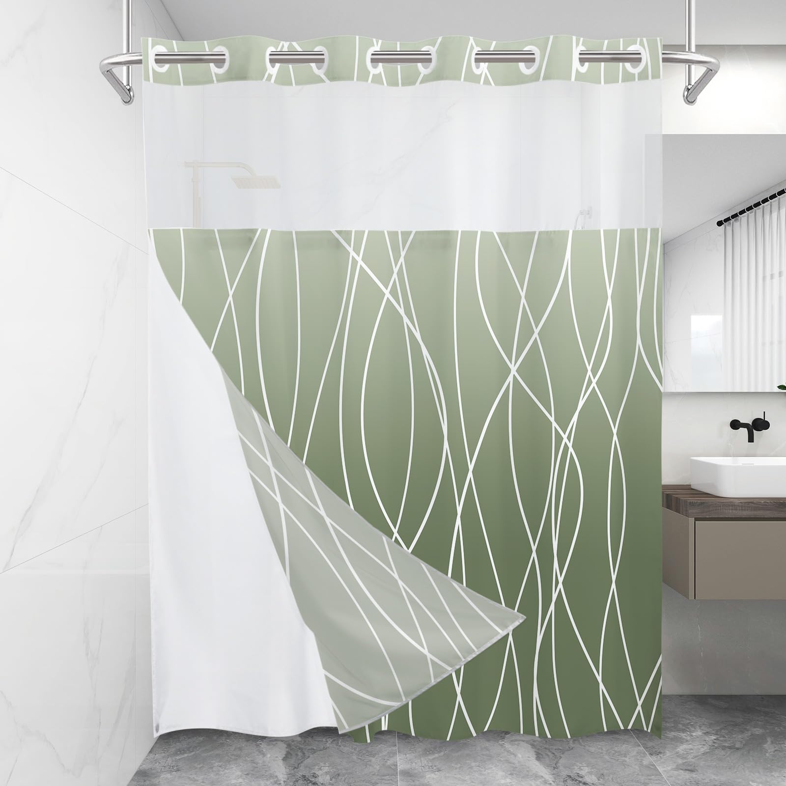 LXBNI No Hook Ombre Sage Green Striped Shower Curtain with Snap in Fabric Liner Set - Hotel Shower Curtain and Liner Set with Se