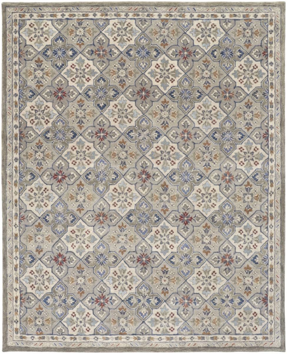 HomeRoots 514801 9 x 12 ft. Taupe Ivory & Red Wool Patchwork Hand Tufted Handmade Stain Resistant Rectangle Area Rug