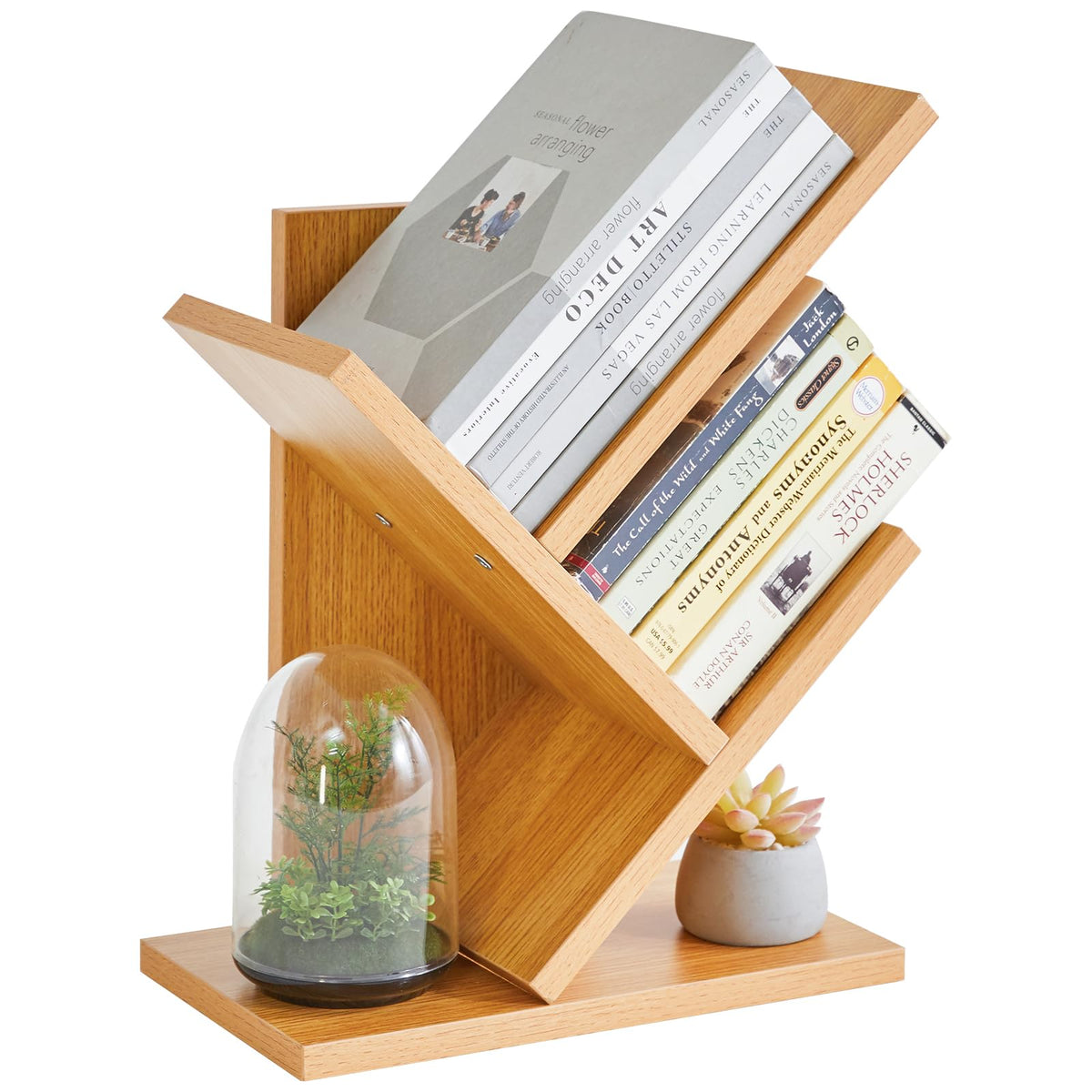 Ymyny 2 Tier Tree Bookshelf, Small Bookcase, Modern Wood Book Storage Rack Organizer, Freestanding Book Shelf For Books/Movies/Cds, Display Rack For Bedroom, Home Office, Natural Uhbc012N