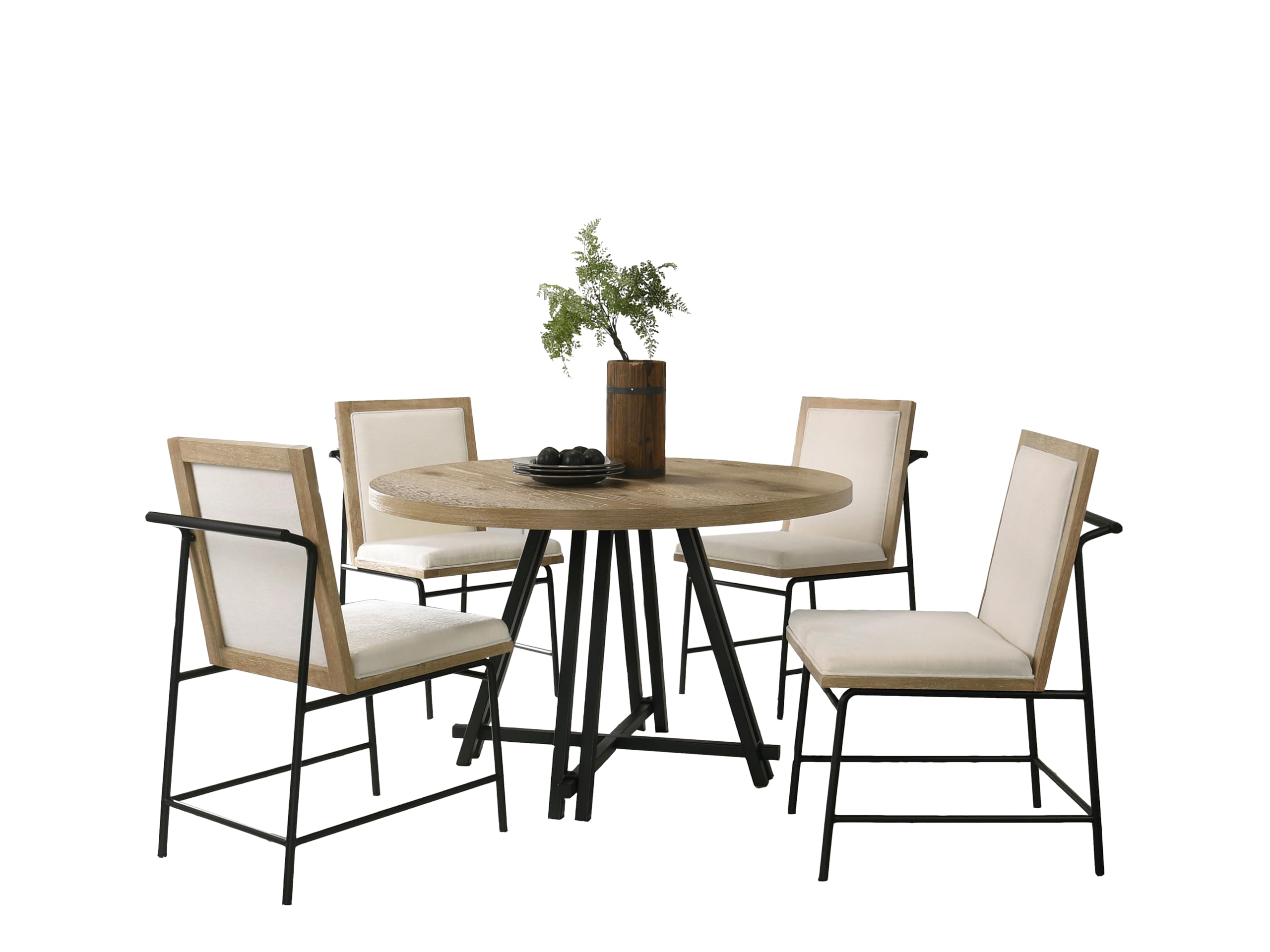 Tate Oak Finish 47 Round Dining Table Set with Cream Color Upholstered Chairs