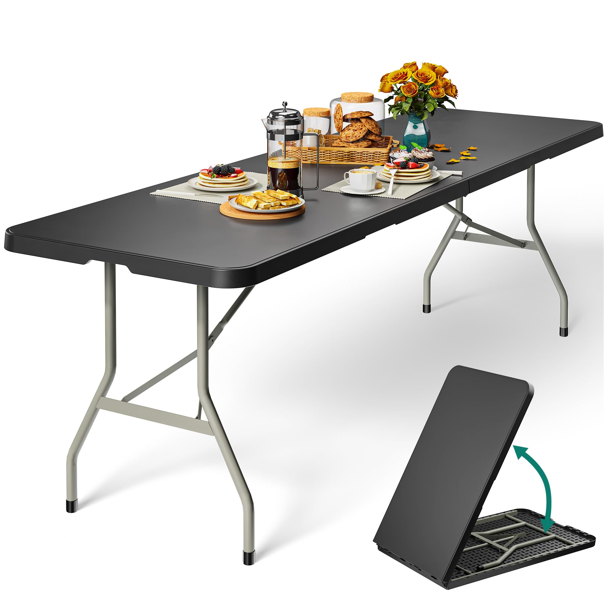 YITAHOME 8FT Folding Tables, Heavy Duty Folding Table with Carrying Handle, Plastic Fold up Table for Outdoor Camping Picnic Par