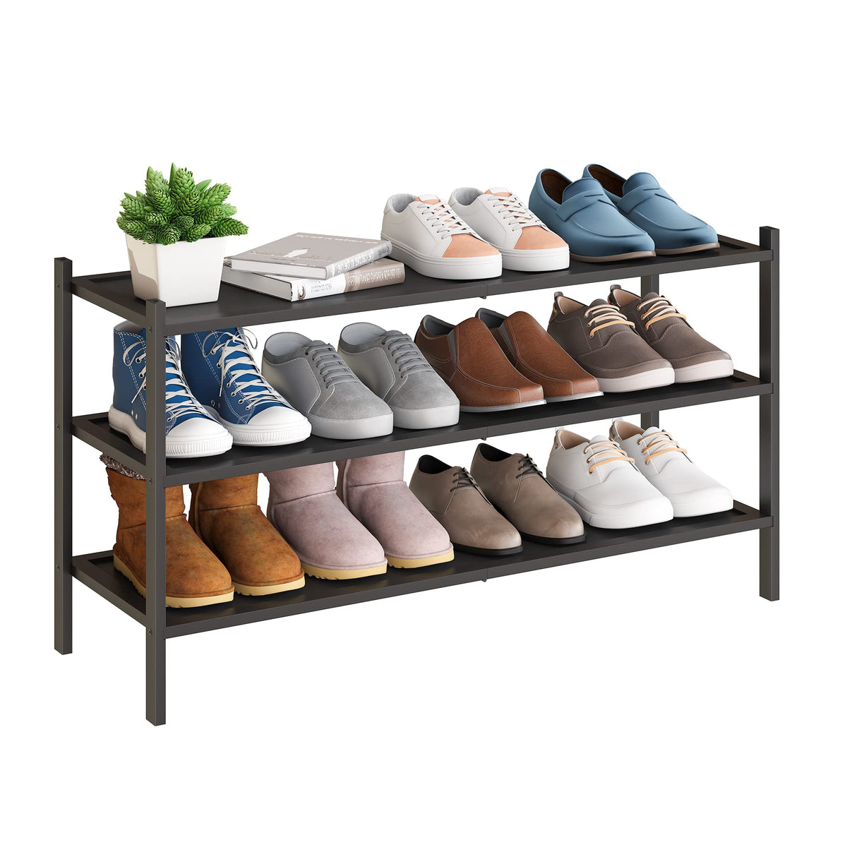 Bmosu 3-Tier Bamboo Extended Shoe Rack Premium Stackable Shoe Shelf Storage Organizer For Hallway Closet Living Room Entryway Organizer(Black)
