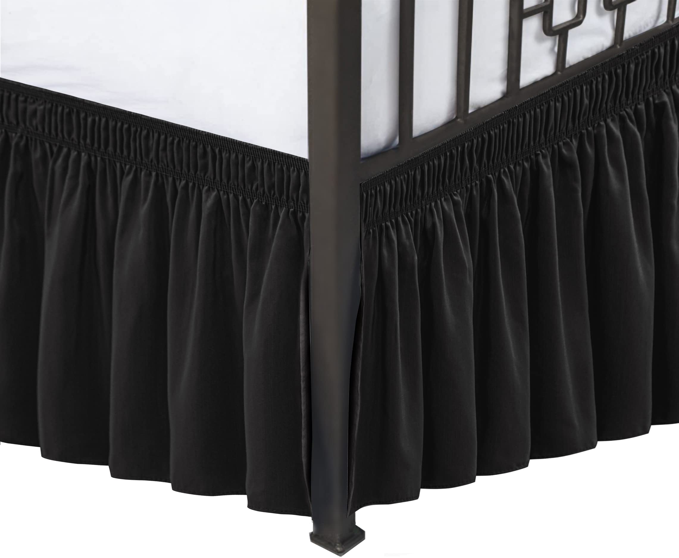 Biscaynebay Wrap Around Bed Skirts With Split Corners For King Beds 17' Drop, Black Elastic Dust Ruffles Easy Fit Wrinkle & Fade Resistant Silky Luxurious Fabric Solid Machine Washable