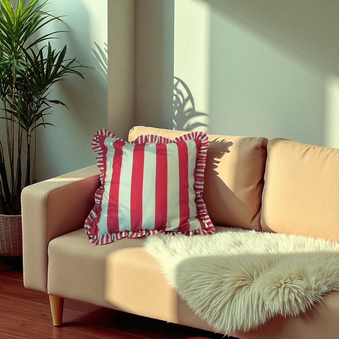 Lushlyf Candy Cane Ruffle Cushion Cover 18X18 Inch  Maroon & Mint Stripe Cotton Throw Pillow With Ruffle Edge  Decorative Sofa