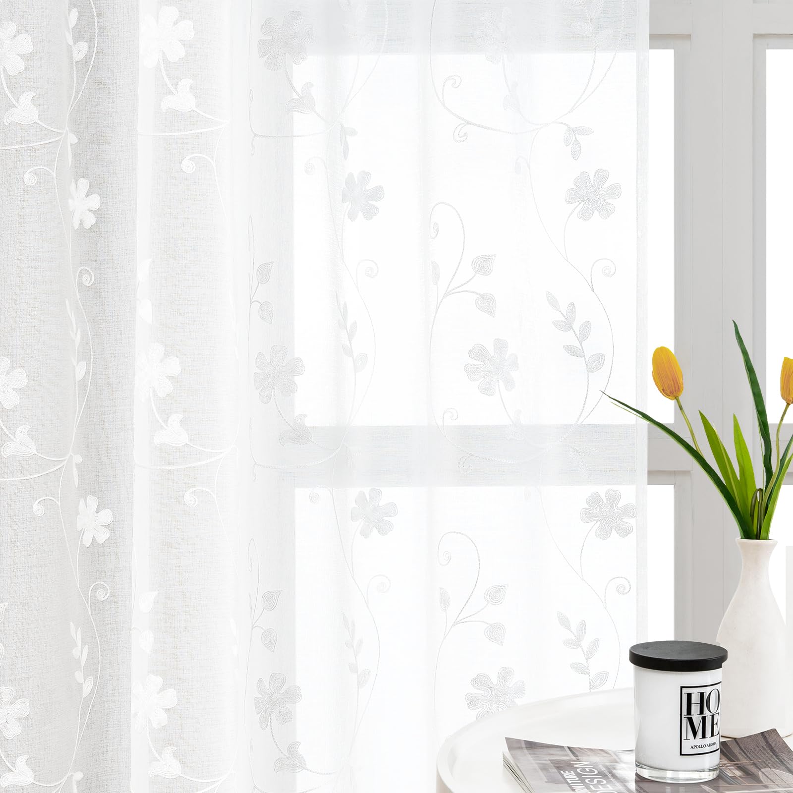 Homeideas White Sheer Curtains 63 Inch Length 2 Panels White Embroidered Floral Sheer Pattern Curtains Semi Sheer Window Curtain