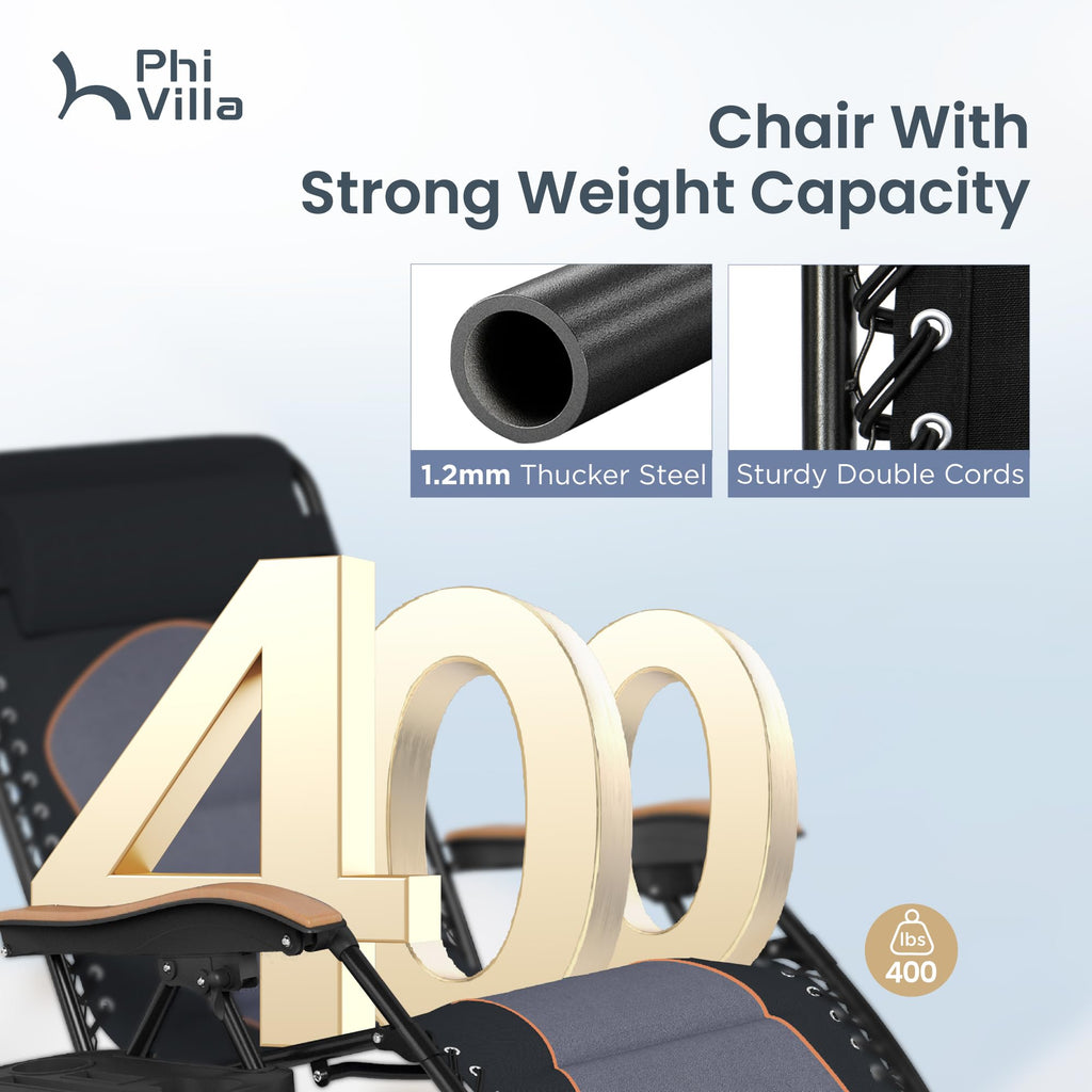 Phi Villa Xxl Oversized Padded Zero Gravity Chair, Foldable Patio Recliner, 30' Wide Seat Anti Gravity Lounger With Cup Holder, Set Of 2, Support 400 Lbs (Black)