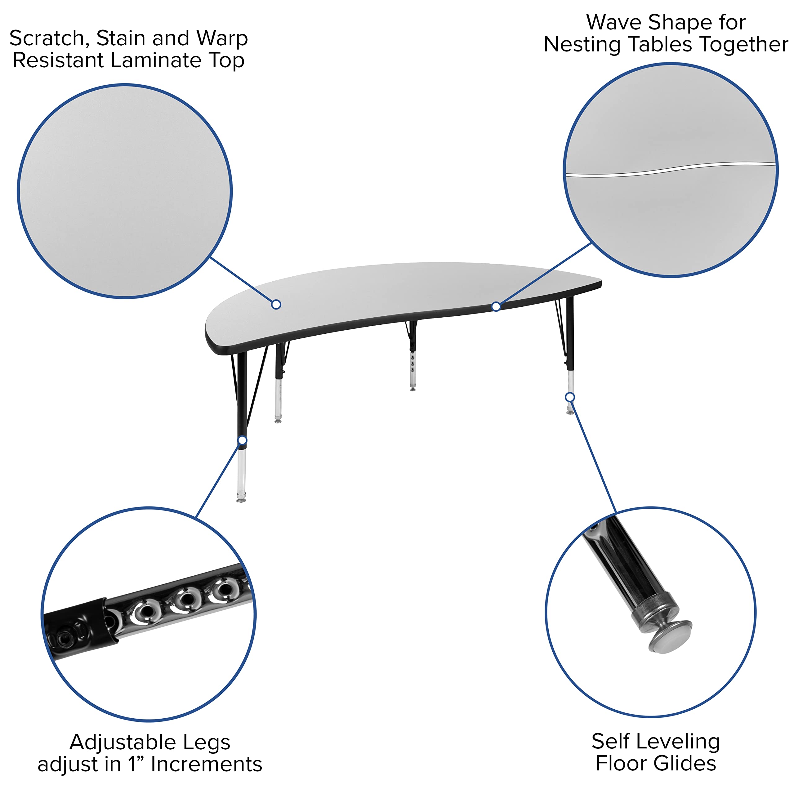 Flash Furniture 2 Piece 60" Circle Wave Collaborative Grey Thermal Laminate Activity Table Set - Height Adjustable Short Legs