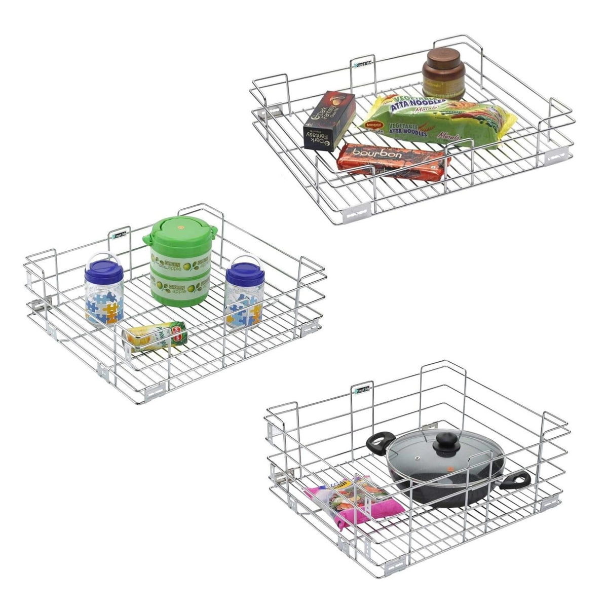 Smartslide Set Of 3 Stainless Steel Modular Kitchen Basket (17 X 20 Inch) / Kitchen Trolley/Kitchen Drawer/Kitchen Cabinet/Utens