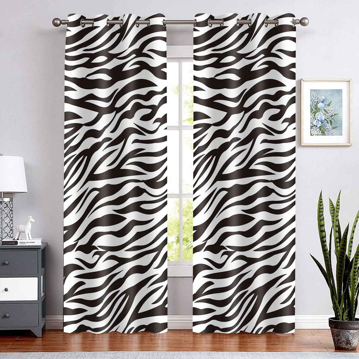 Animals Zebra Print Curtains, Black White Curtains, 42x84inches, 2 Panels